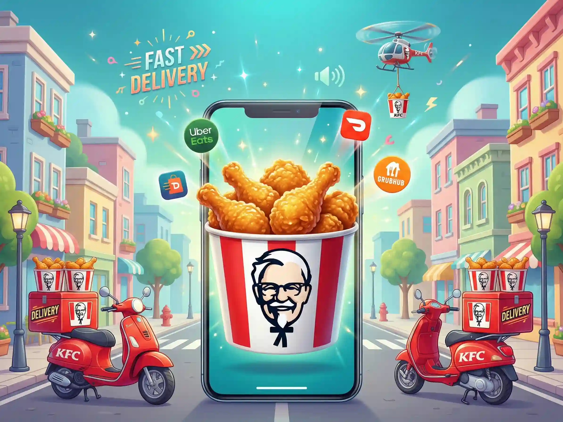KFC fried chicken bucket on smartphone with Uber Eats DoorDash and Grubhub delivery scooters in city street illustration