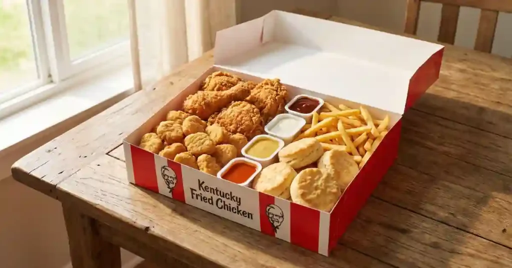 kfc fill up box with nuggets bone in chicken fries biscuits and dipping sauces