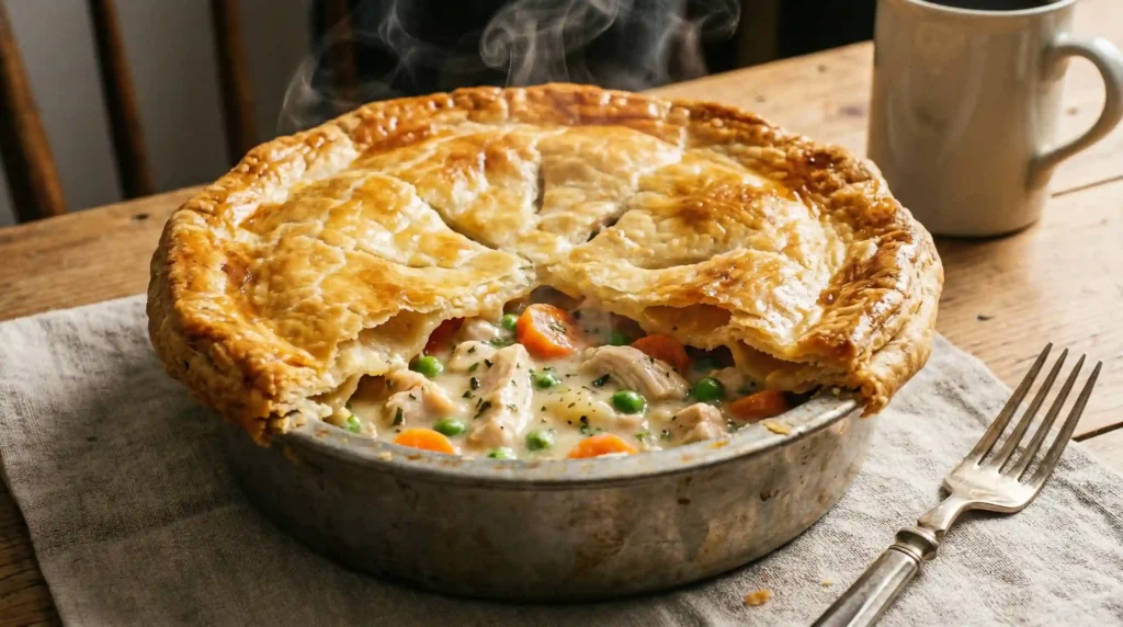 KFC chicken pot pie with golden flaky crust and creamy chicken vegetable filling