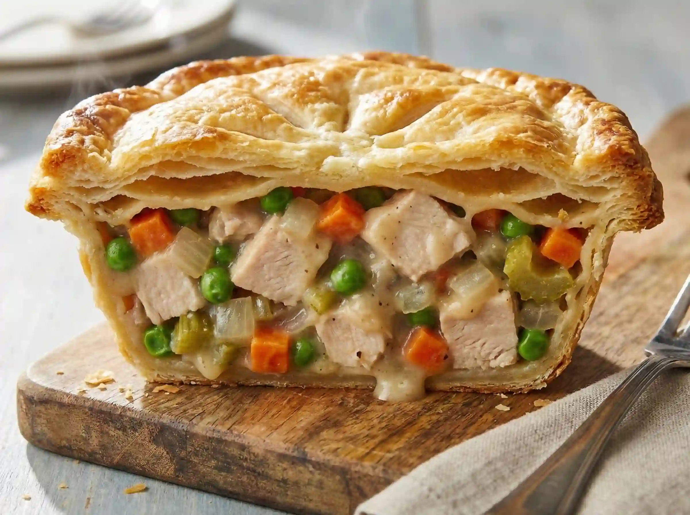 Cross section of chicken pot pie showing chicken vegetables and creamy gravy