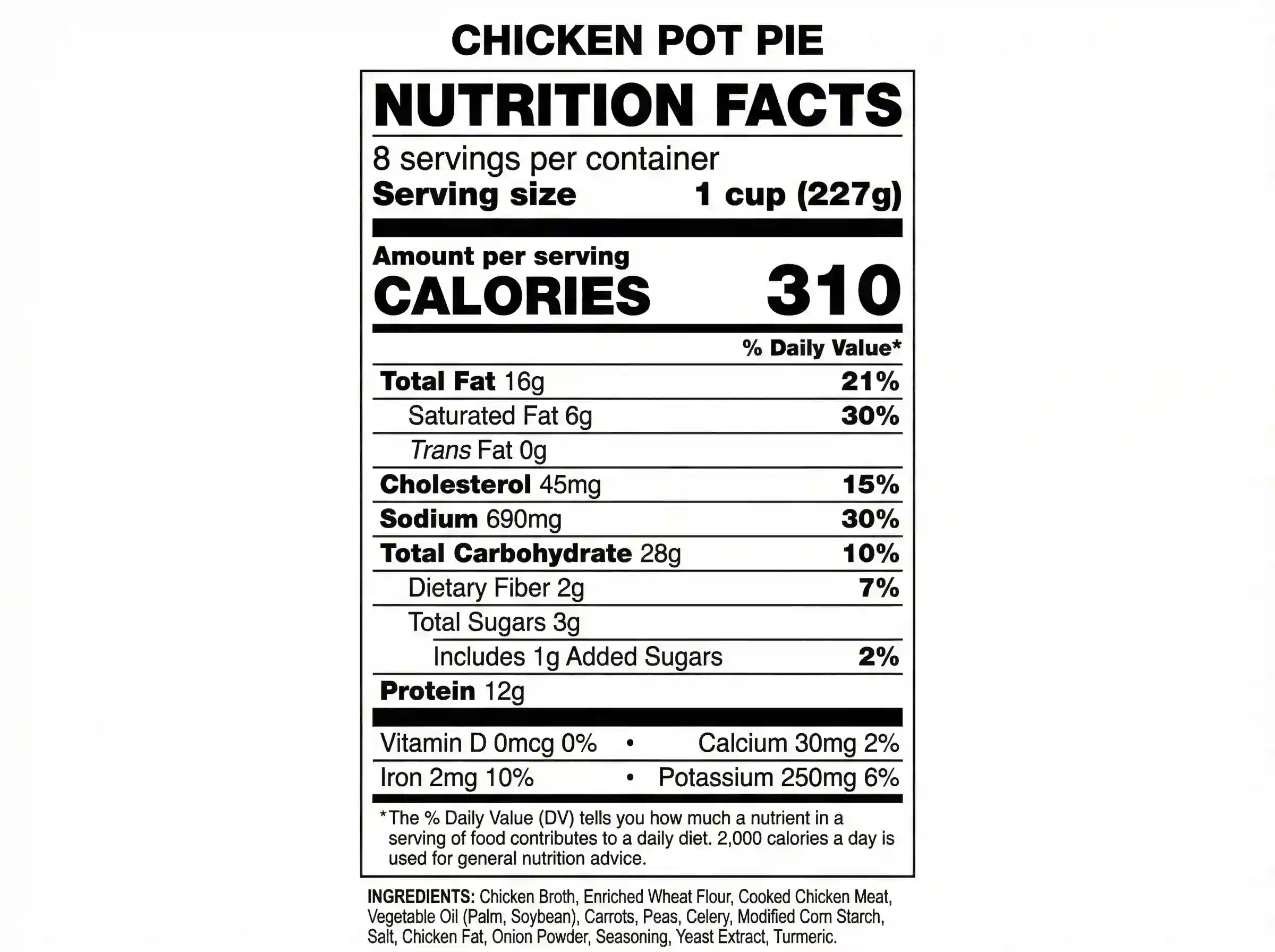KFC chicken pot pie nutrition label showing calories fat carbs protein and sodium
