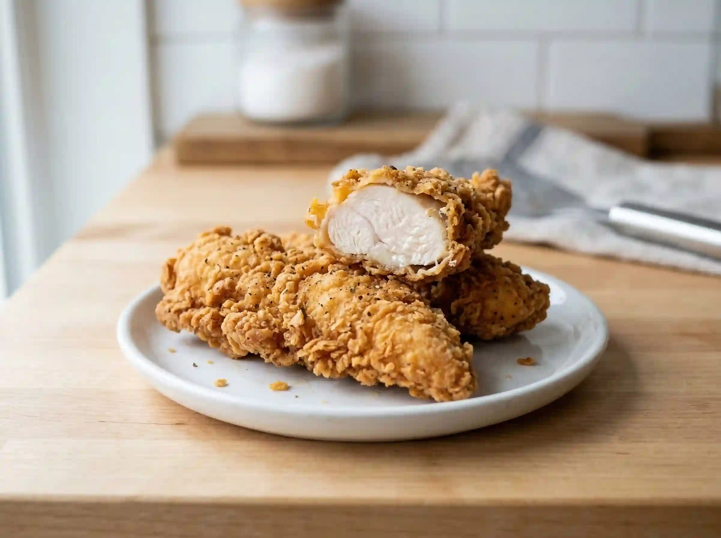 three chicken tenders showing crispy breading and white meat chicken inside