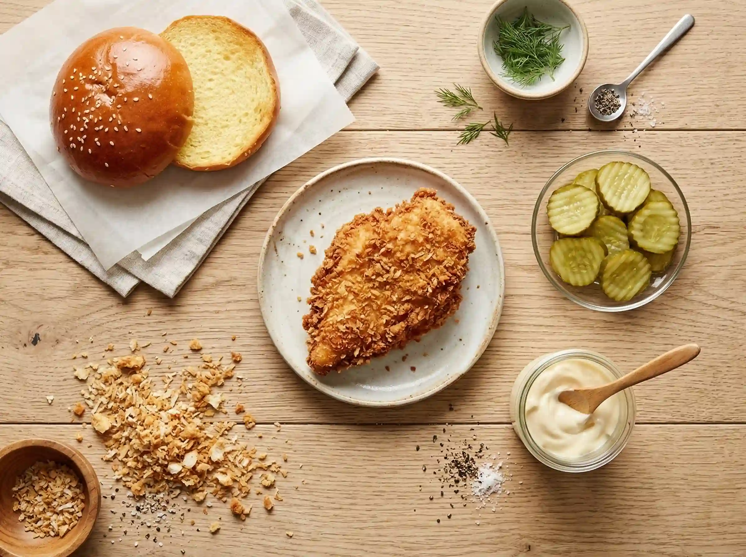 Ingredients of a crispy chicken sandwich including bun chicken pickles and mayo