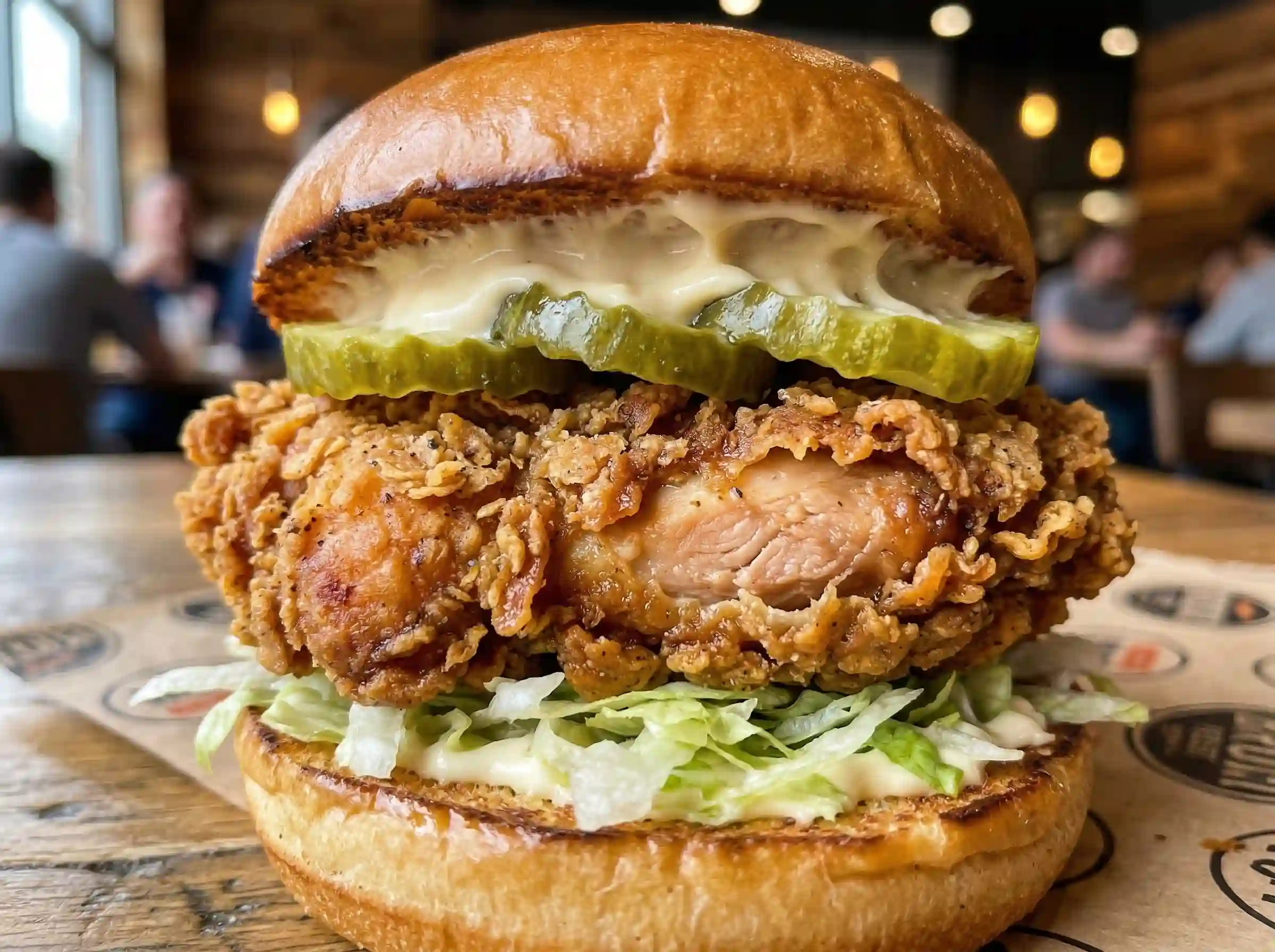 Extra Crispy chicken sandwich with pickles and mayo on bun