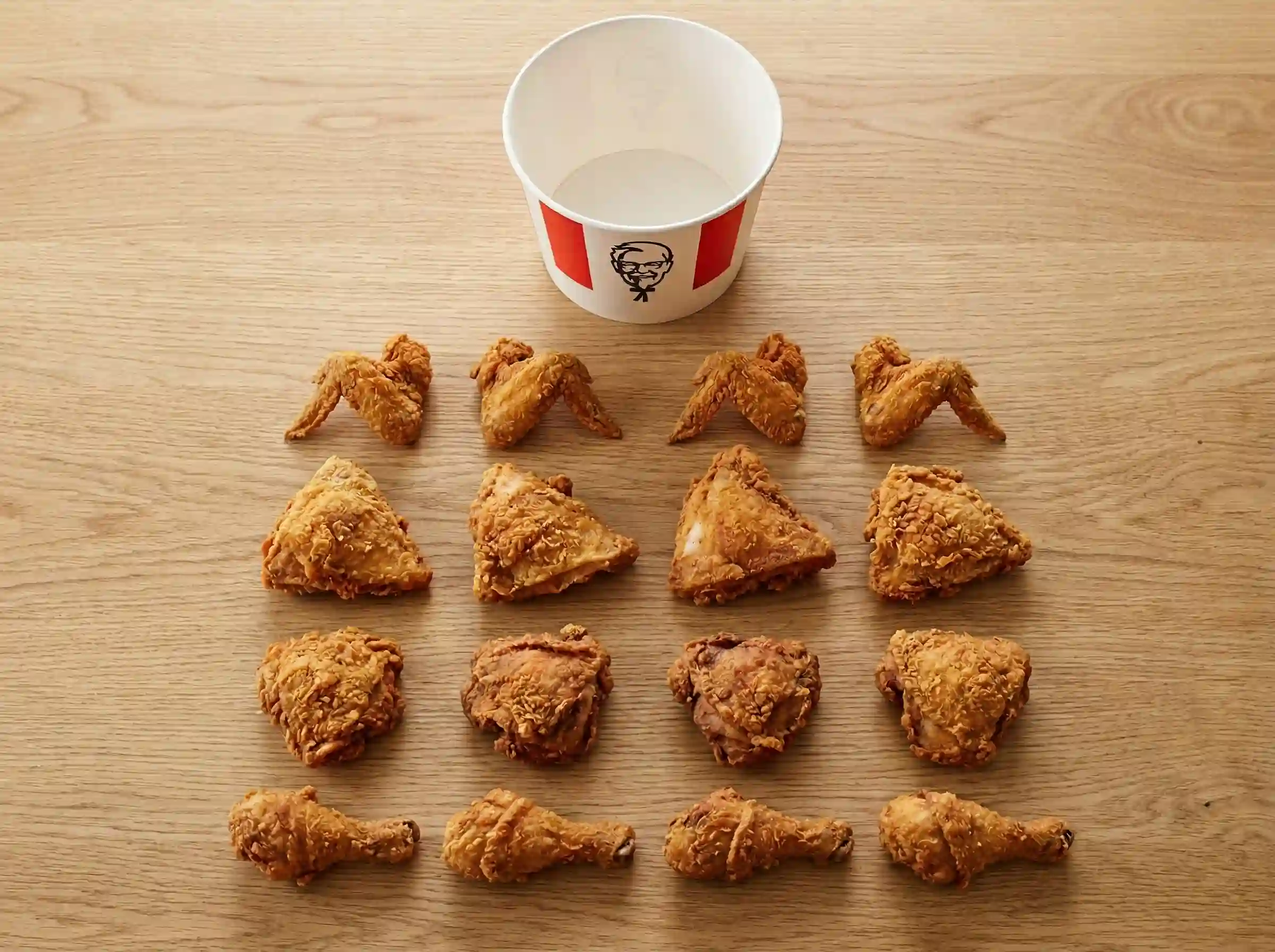 16 piece KFC chicken mix showing drumsticks thighs breasts and wings
