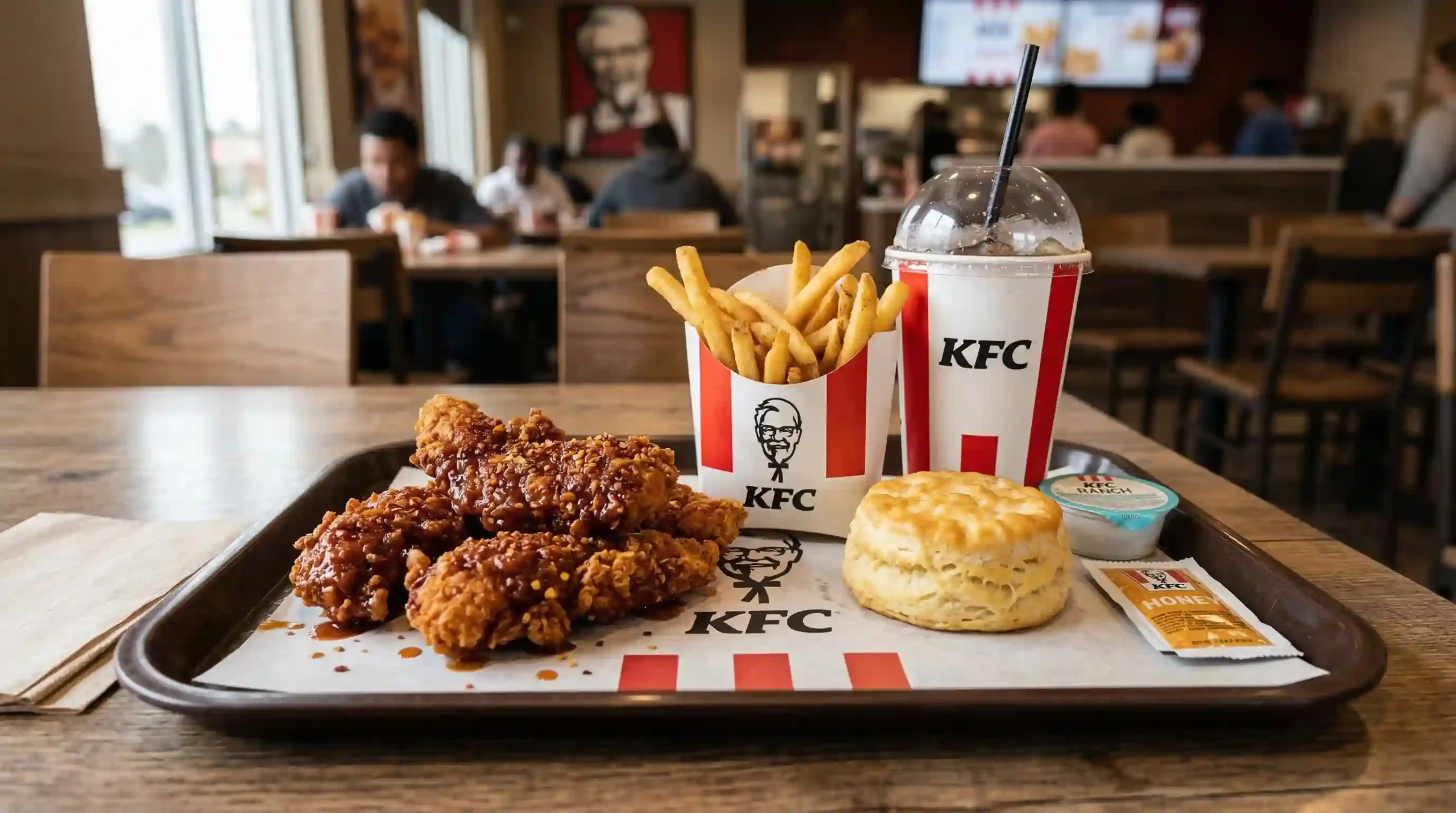 KFC 4 Piece Nashville Hot Tenders Combo with fries biscuit and medium drink on tray
