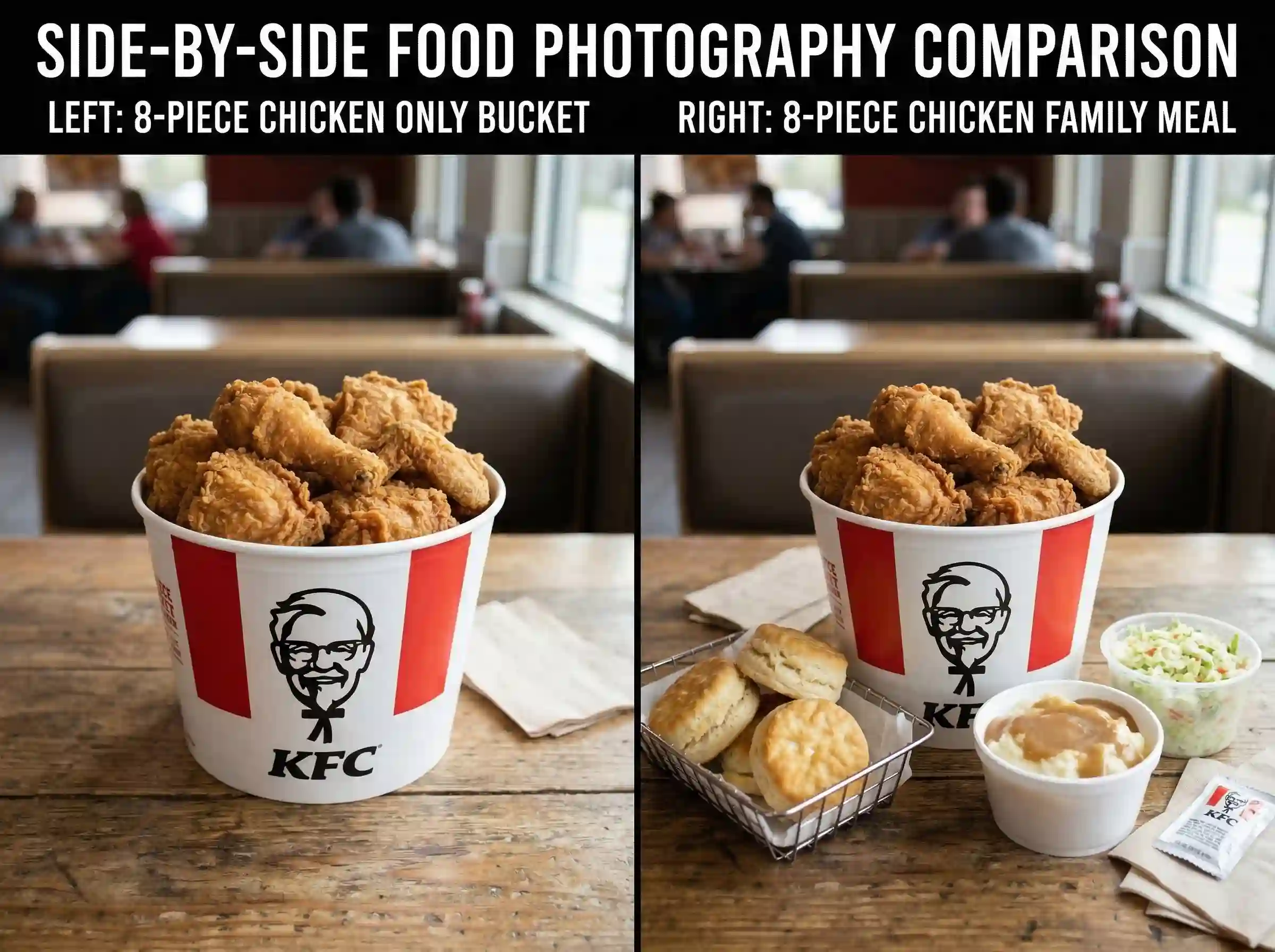 KFC 8 piece chicken only bucket vs 8 piece chicken family meal with biscuits mashed potatoes and coleslaw