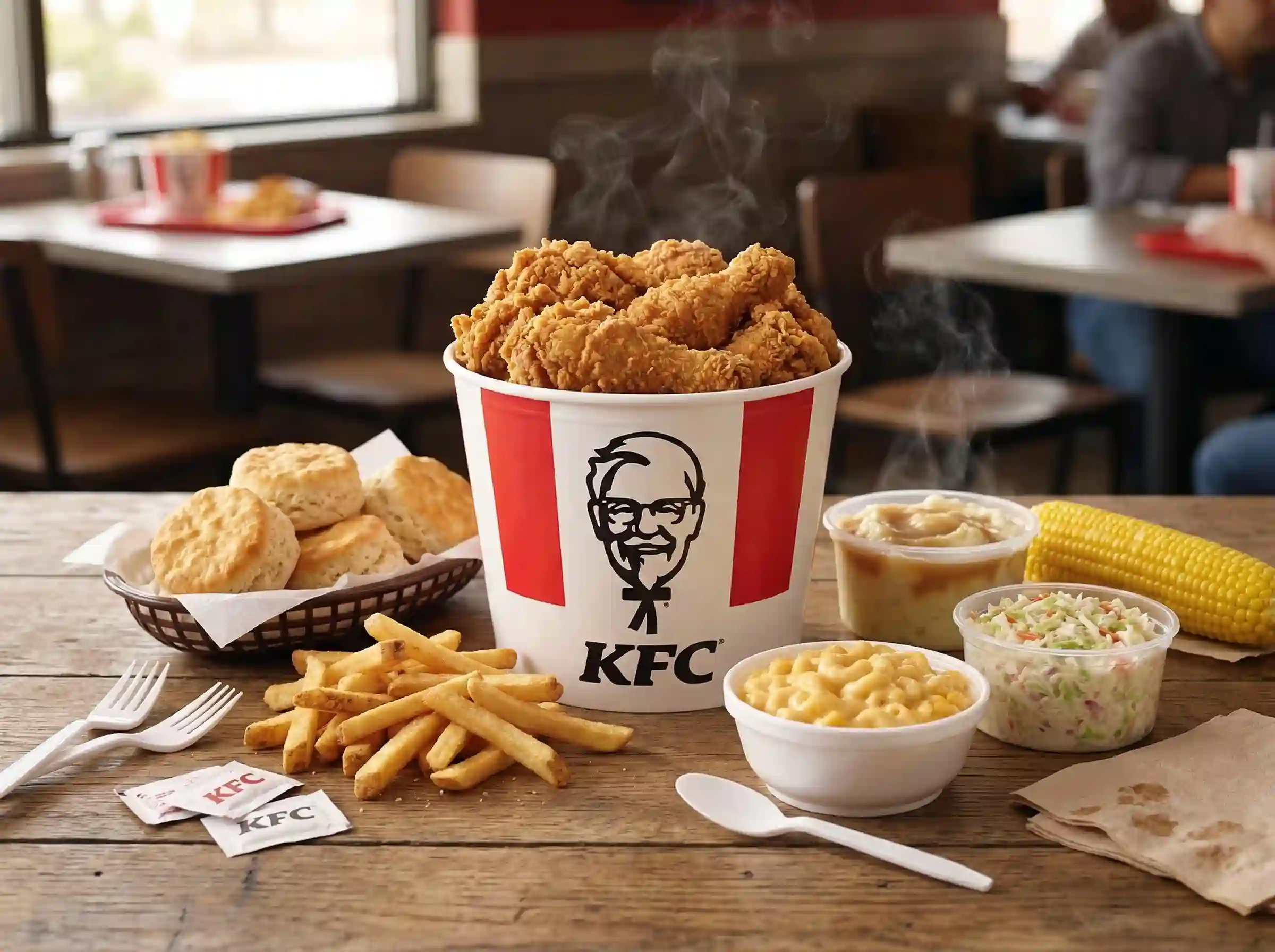 KFC 8 piece chicken bucket served with biscuits fries mashed potatoes mac and cheese coleslaw and corn