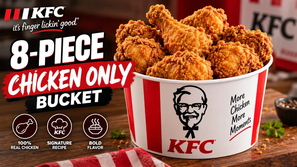 KFC 8-Piece Chicken Only Bucket with crispy fried chicken and featured title text
