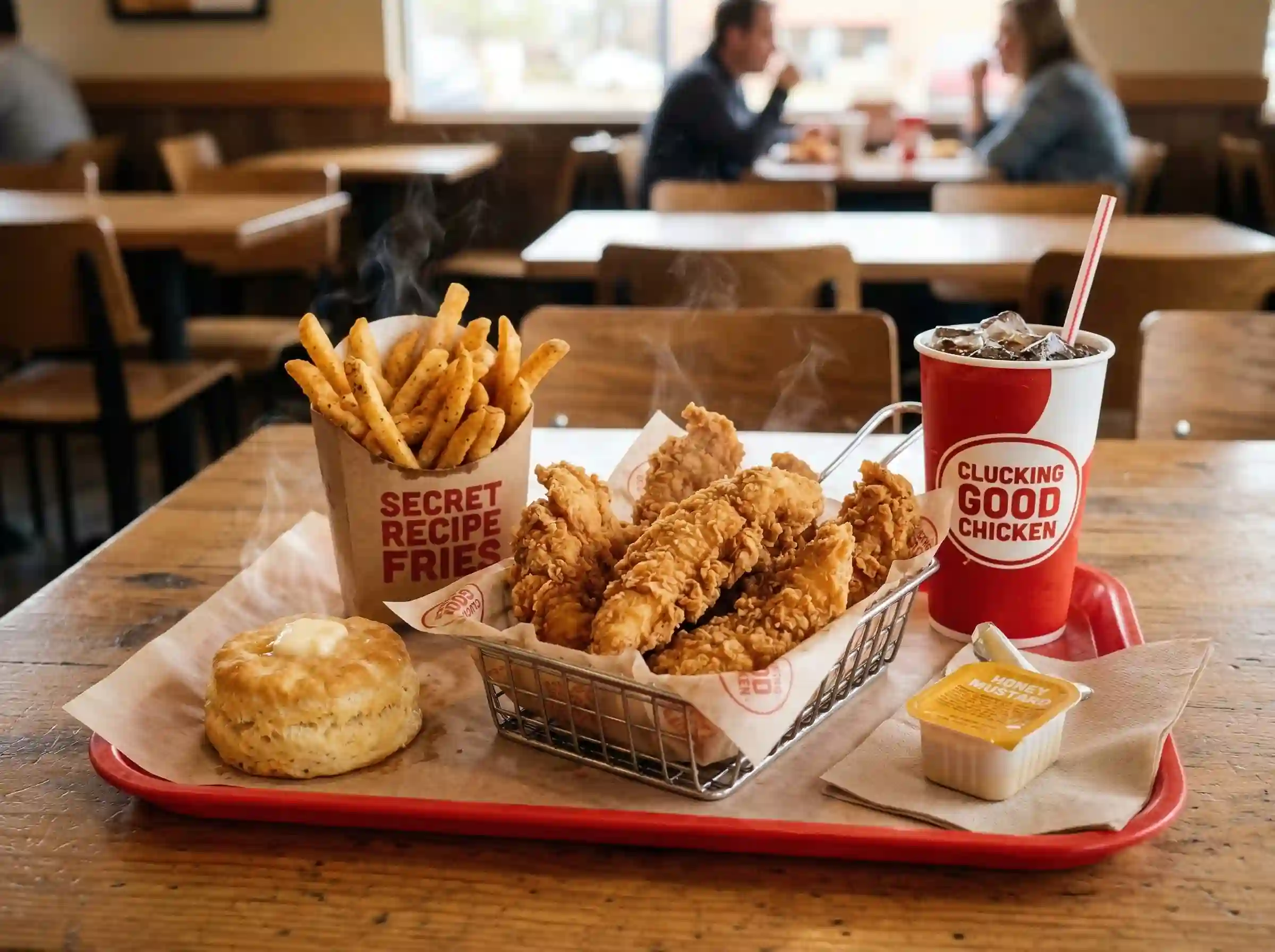 chicken tenders combo meal with fries biscuit and drink