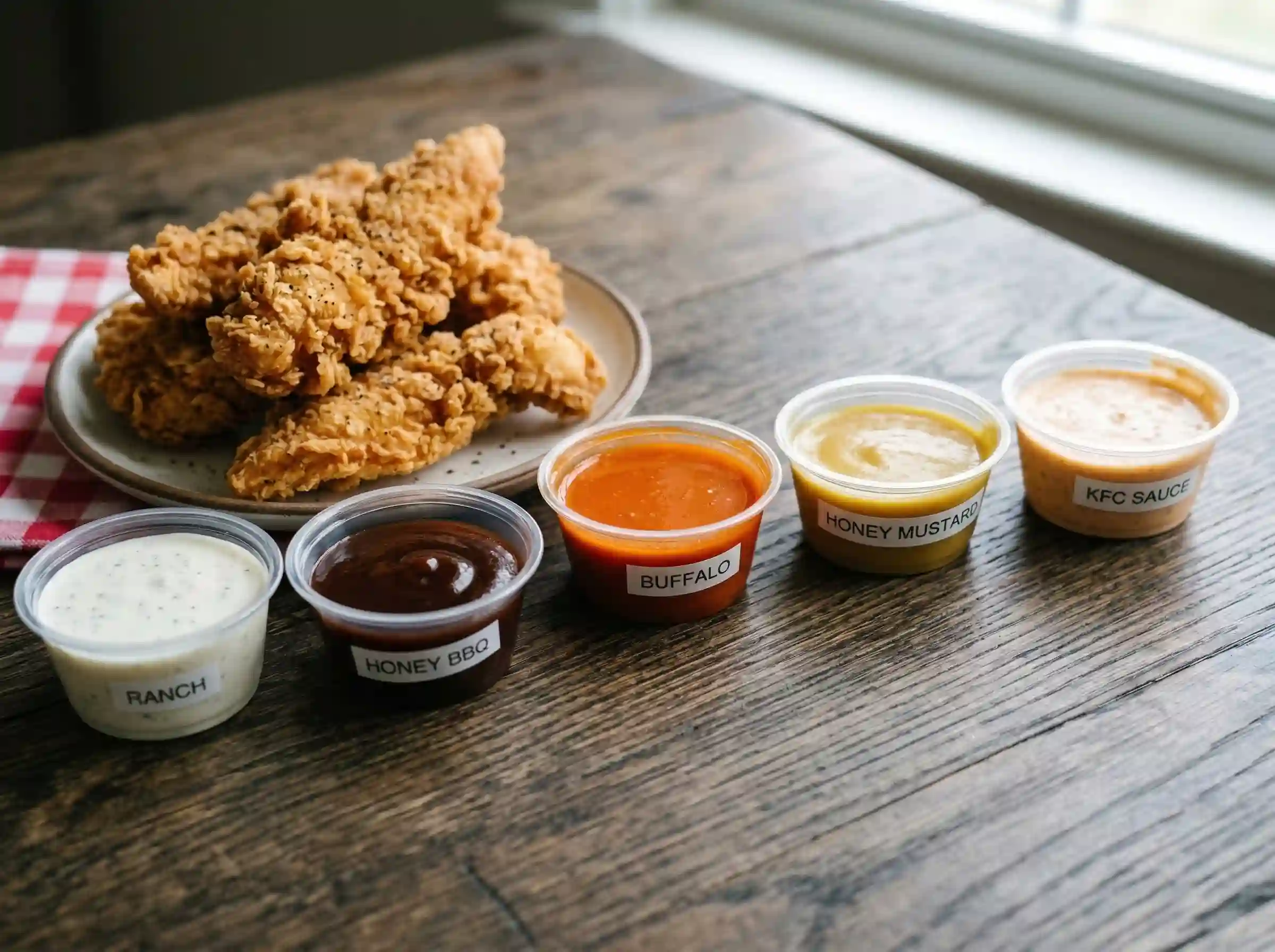 crispy chicken tenders with ranch buffalo honey mustard and bbq dipping sauces
