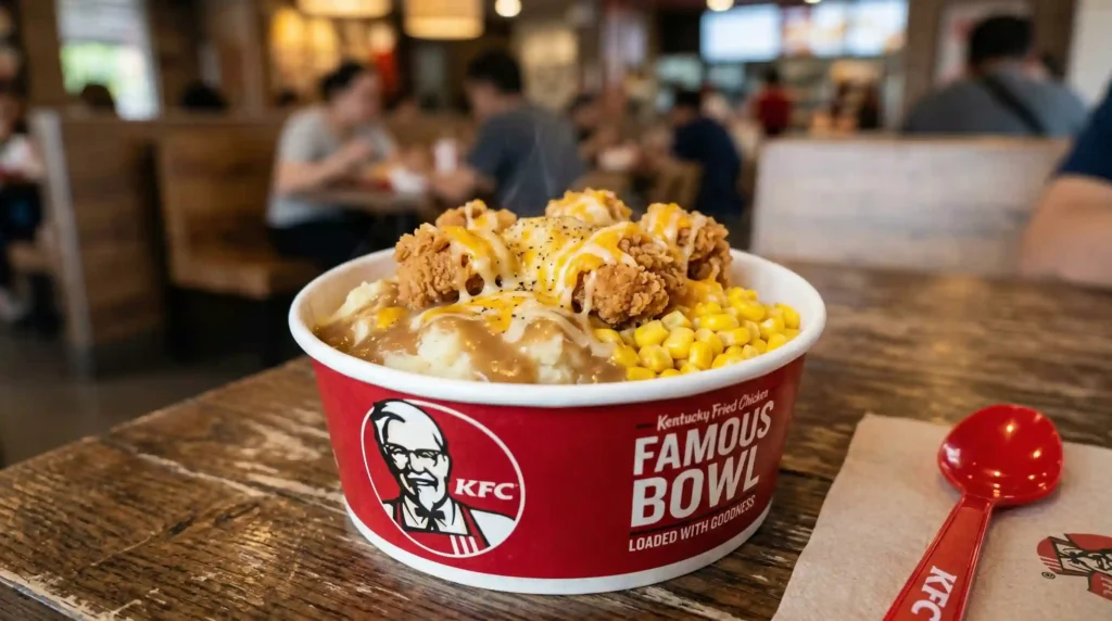 KFC Famous Bowl with mashed potatoes gravy corn crispy chicken and melted cheese