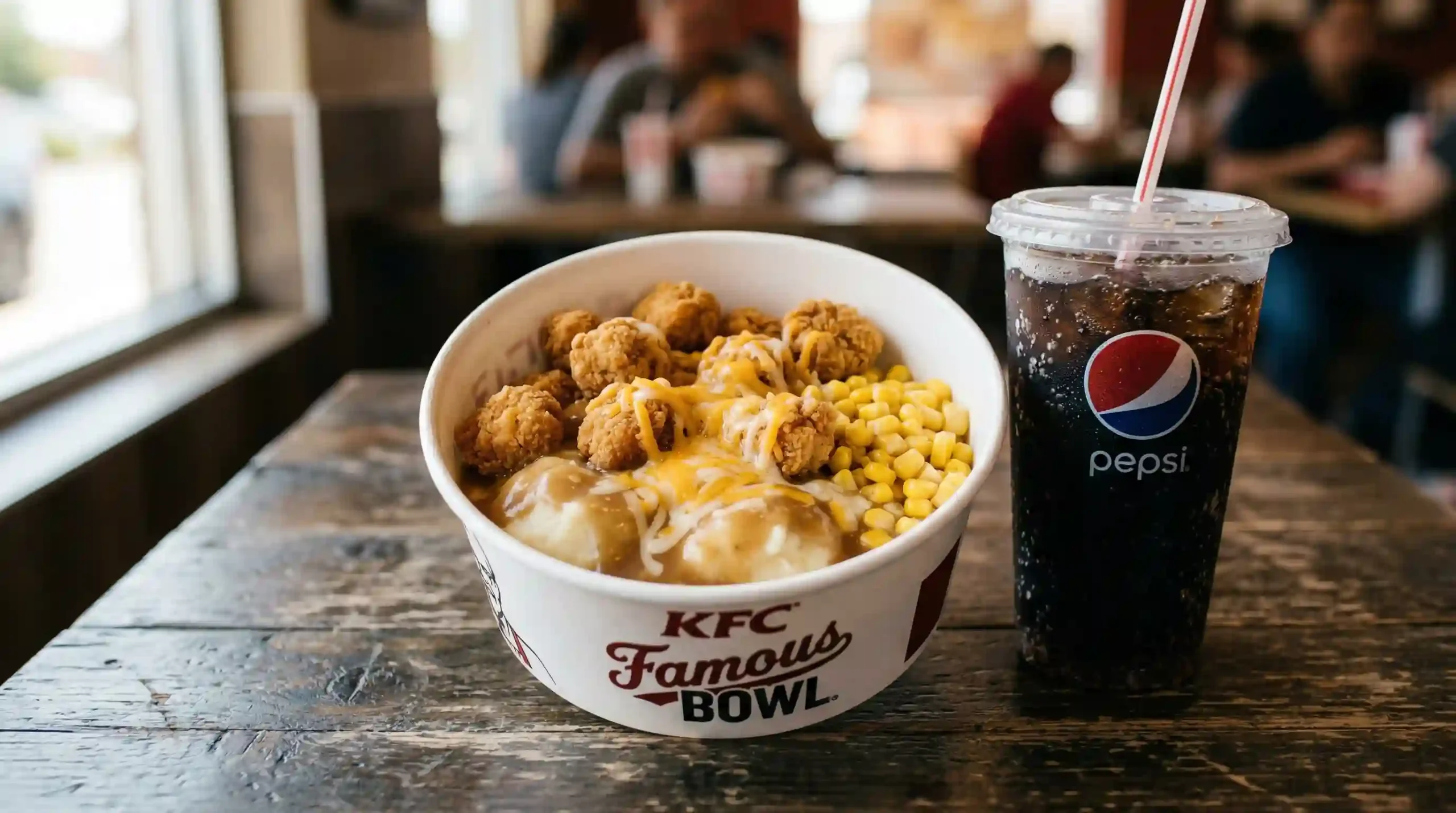 KFC Famous Bowl Combo with mashed potatoes chicken nuggets corn cheese and drink