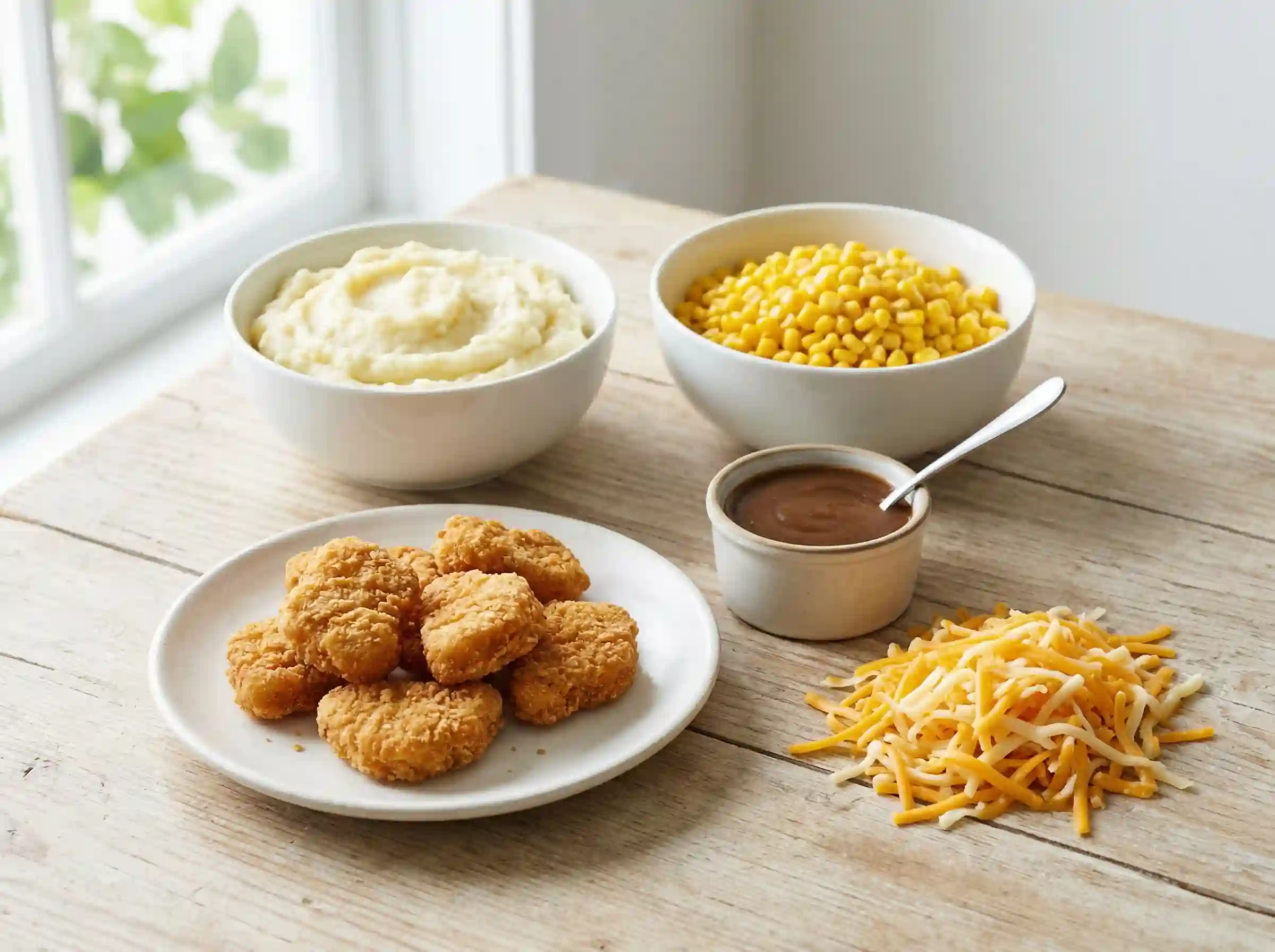 KFC Famous Bowl ingredients mashed potatoes corn chicken nuggets gravy cheese
