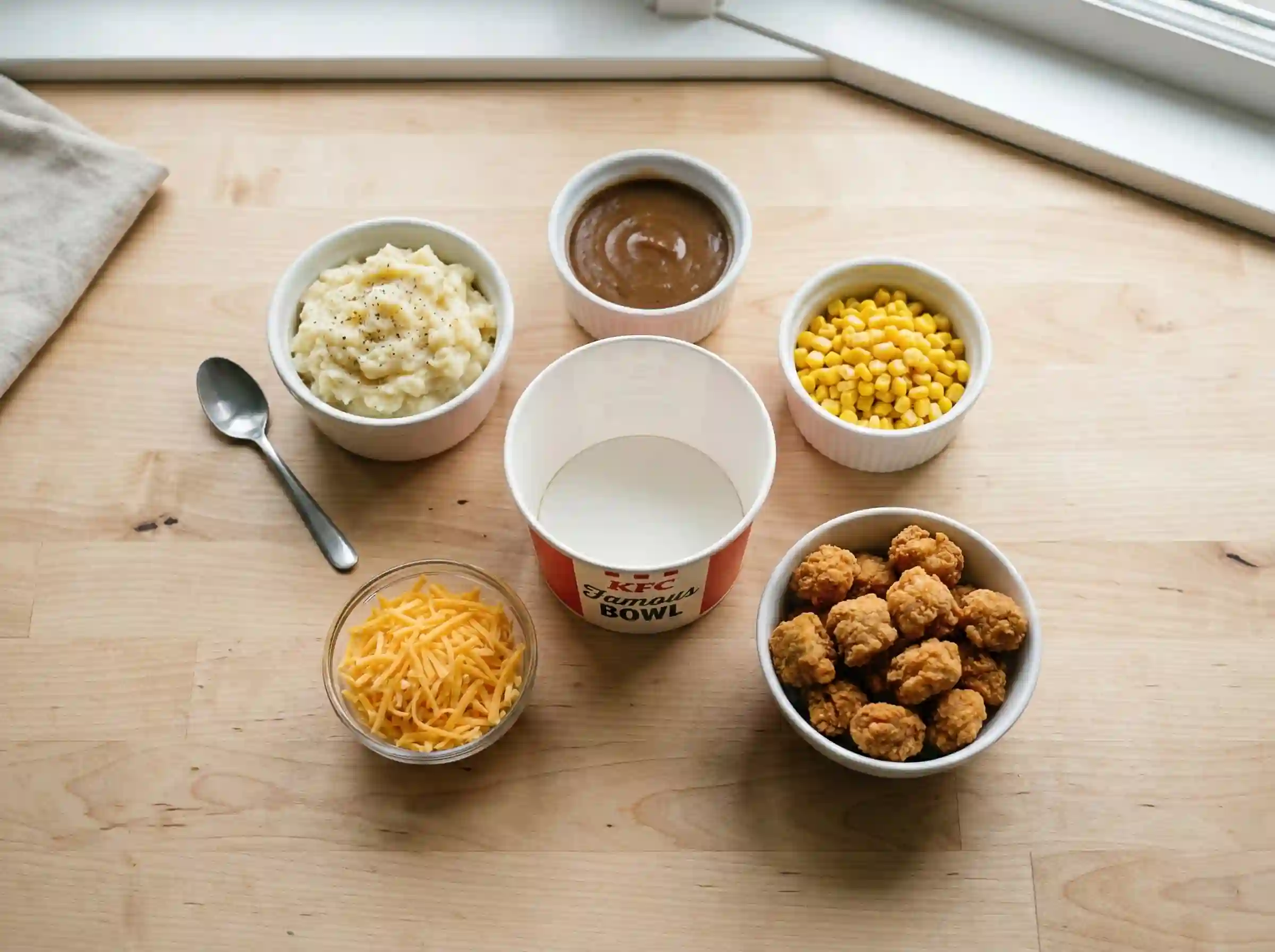 Ingredients of KFC Famous Bowl including mashed potatoes gravy corn crispy chicken and shredded cheese