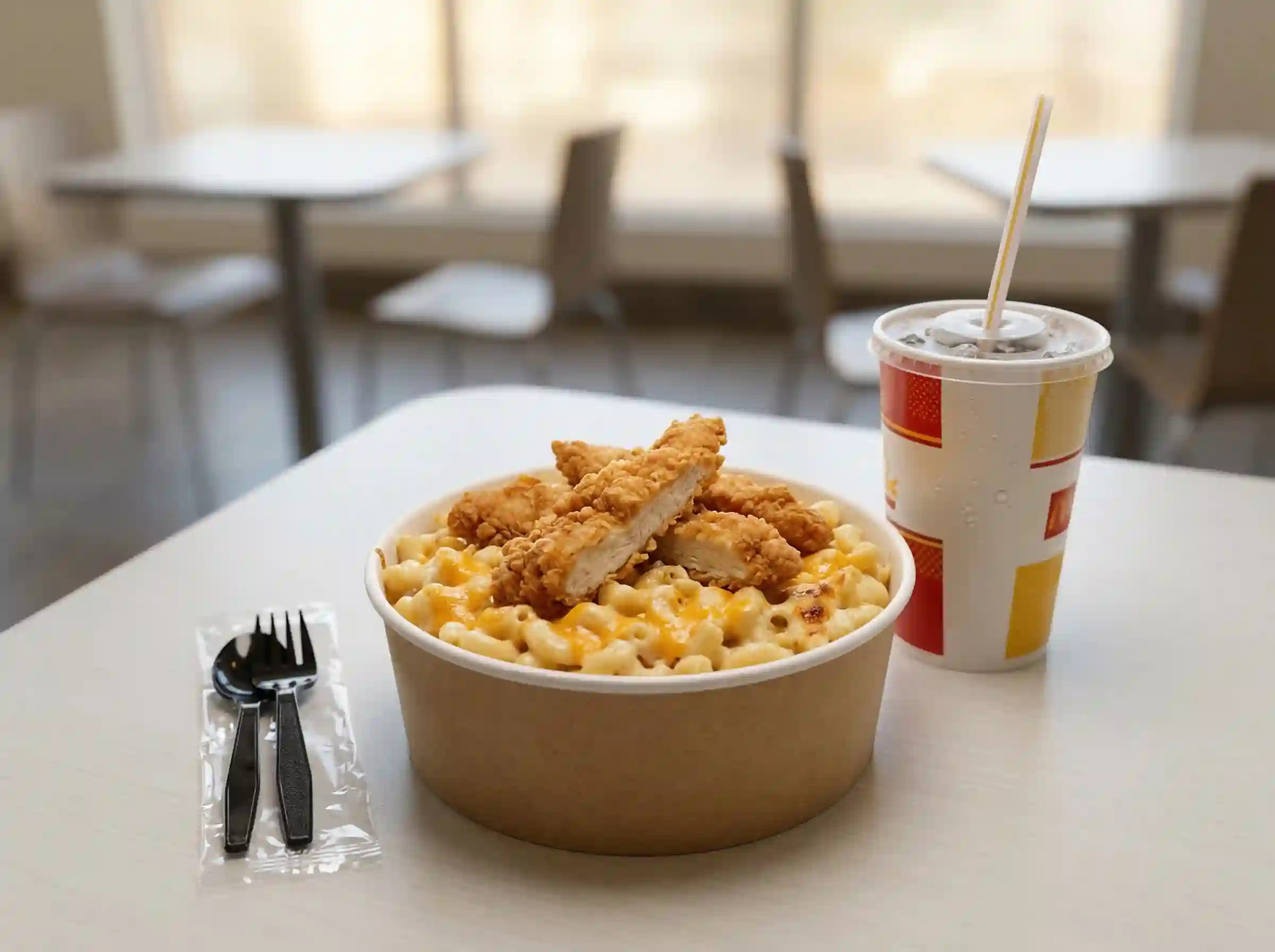 KFC Mac & Cheese Bowl Combo meal with bowl and medium drink