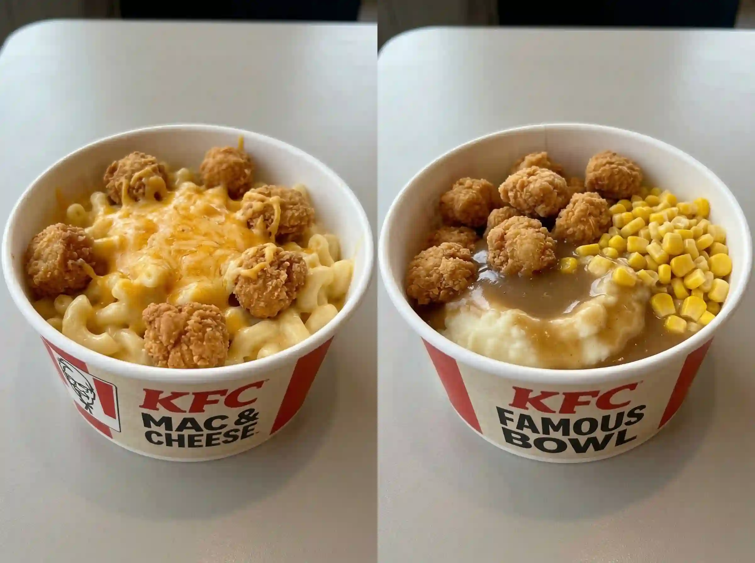 KFC Mac & Cheese Bowl vs Famous Bowl comparison showing ingredients and texture difference