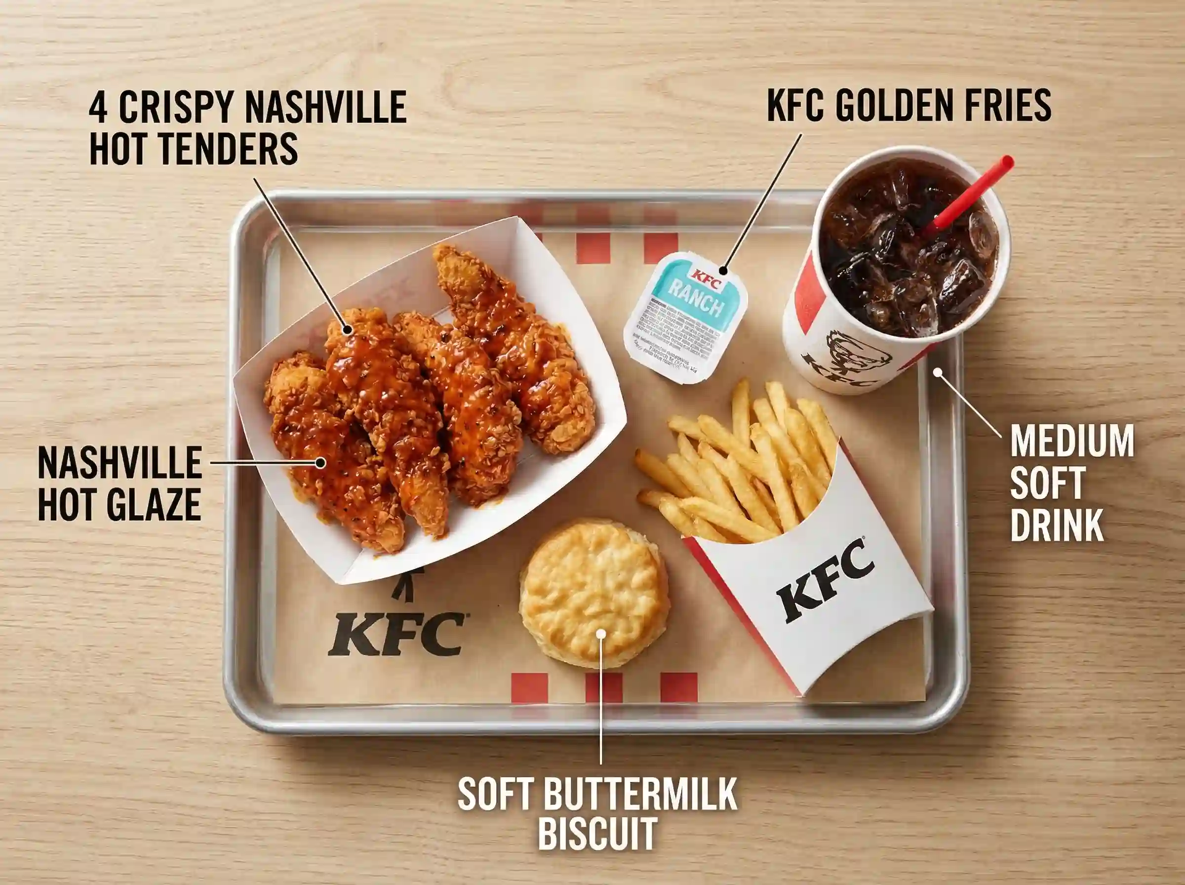 what comes in KFC Nashville Hot chicken tenders combo meal fries biscuit drink
