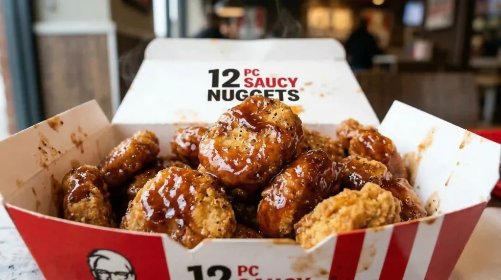 crispy KFC saucy nuggets close up showing golden breading and sauce