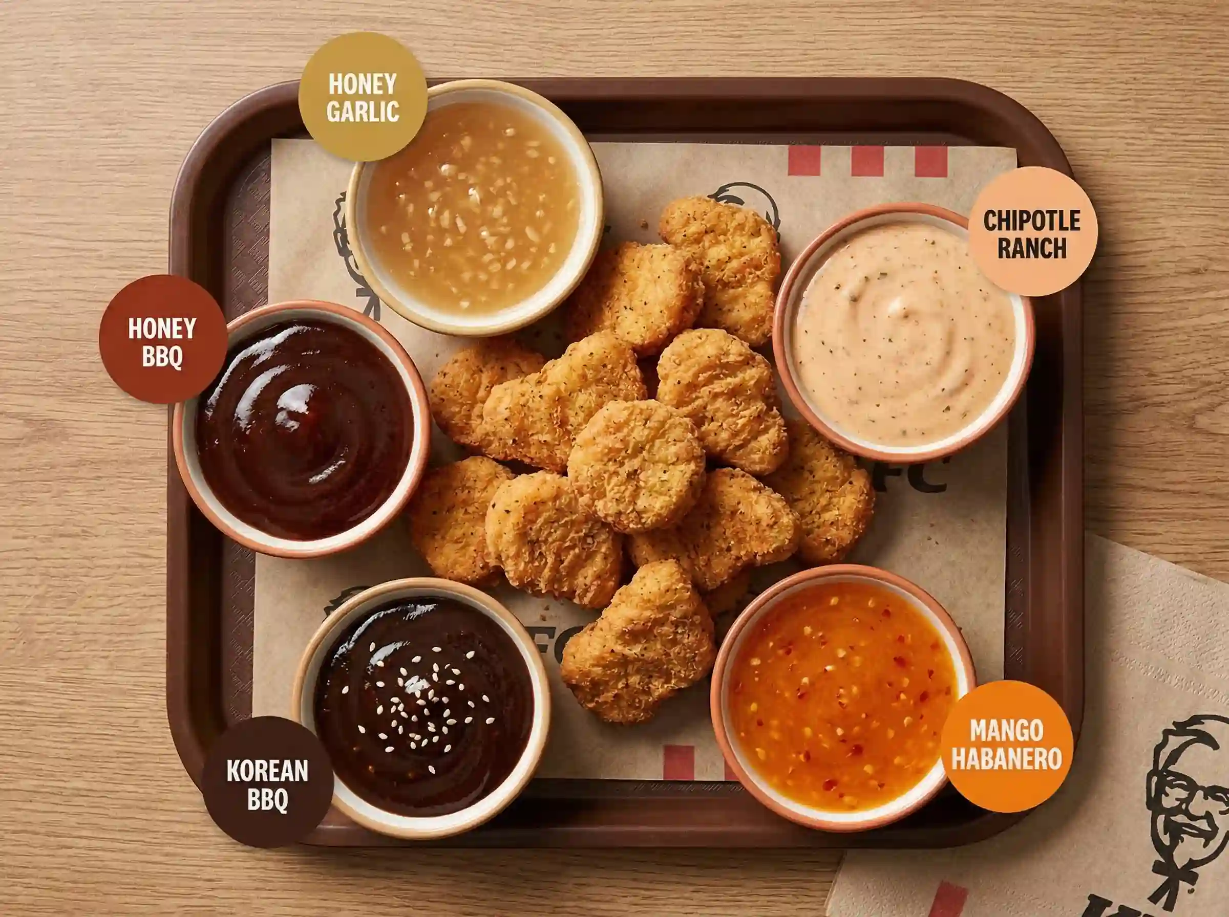 KFC saucy nuggets flavor options with different dipping sauces