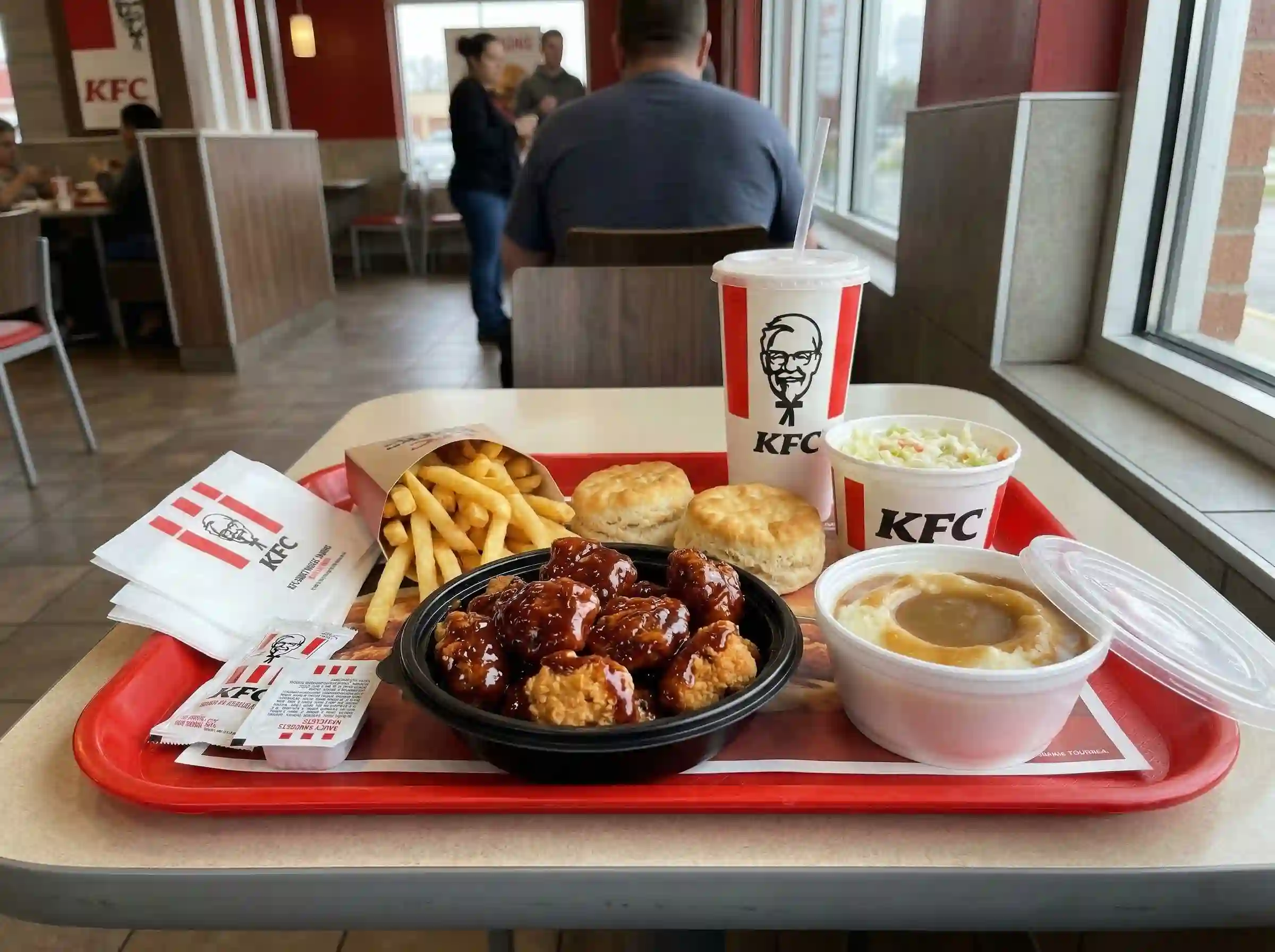 KFC saucy nuggets meal with fries biscuits mashed potatoes and coleslaw