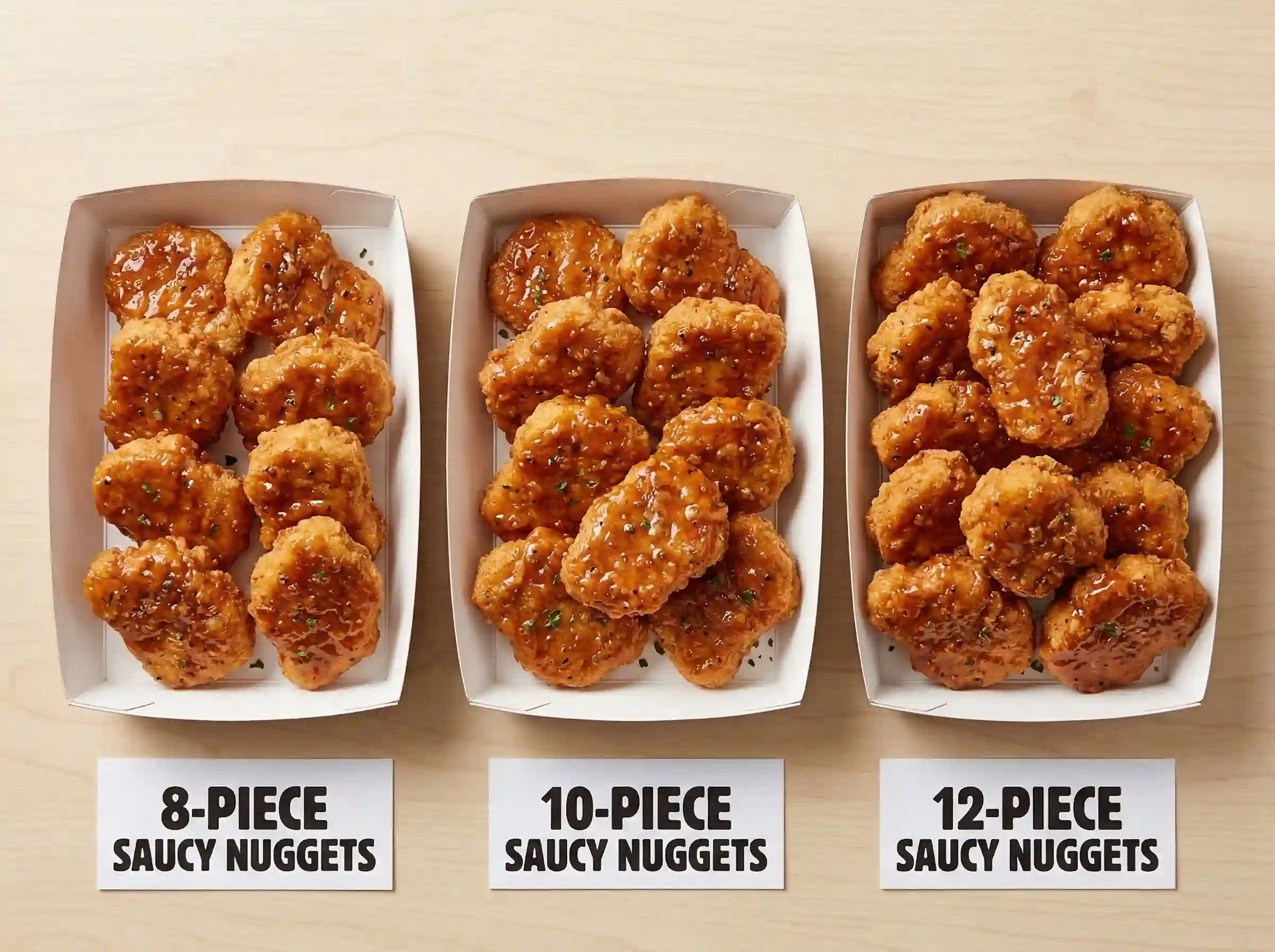 KFC saucy nuggets size comparison showing 8 piece 10 piece and 12 piece nuggets