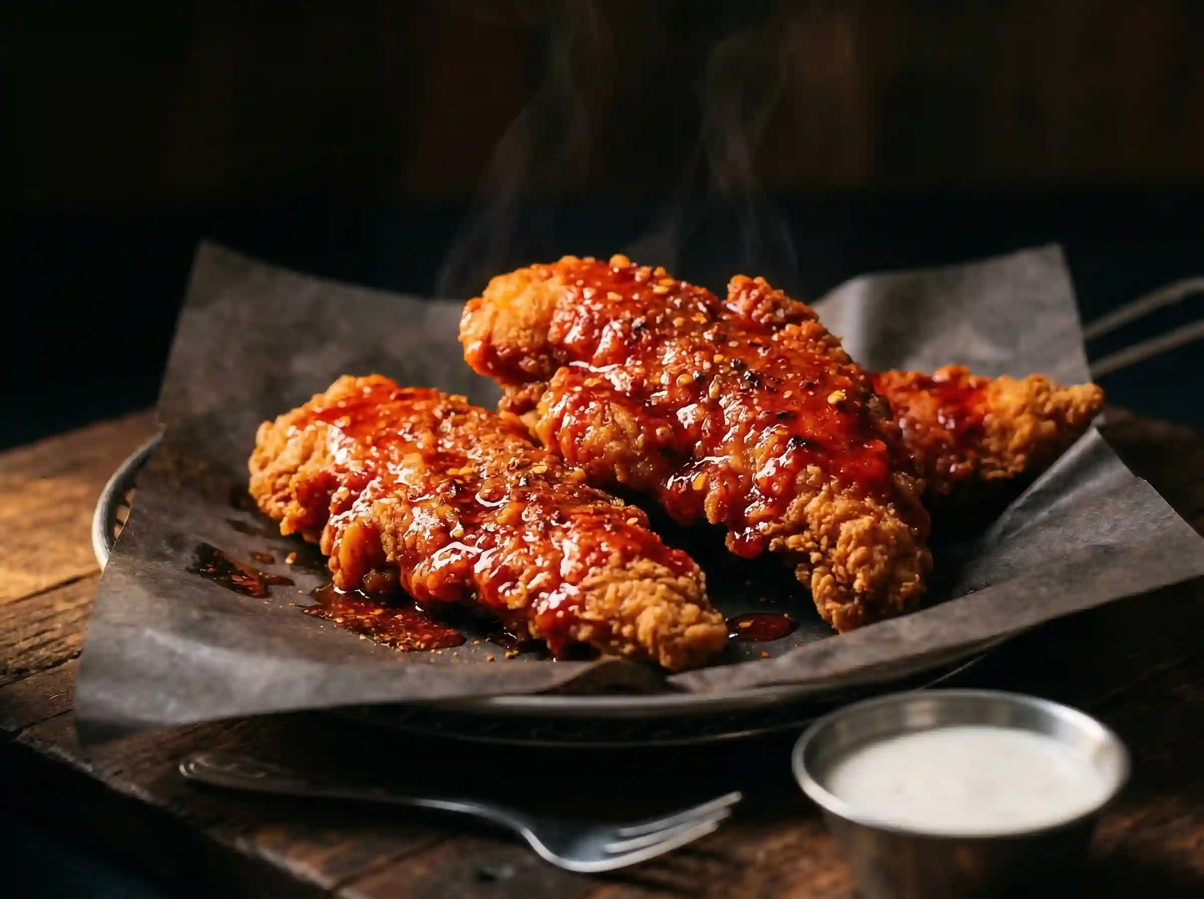 Nashville Hot chicken tenders spicy glaze cayenne pepper oil crispy texture