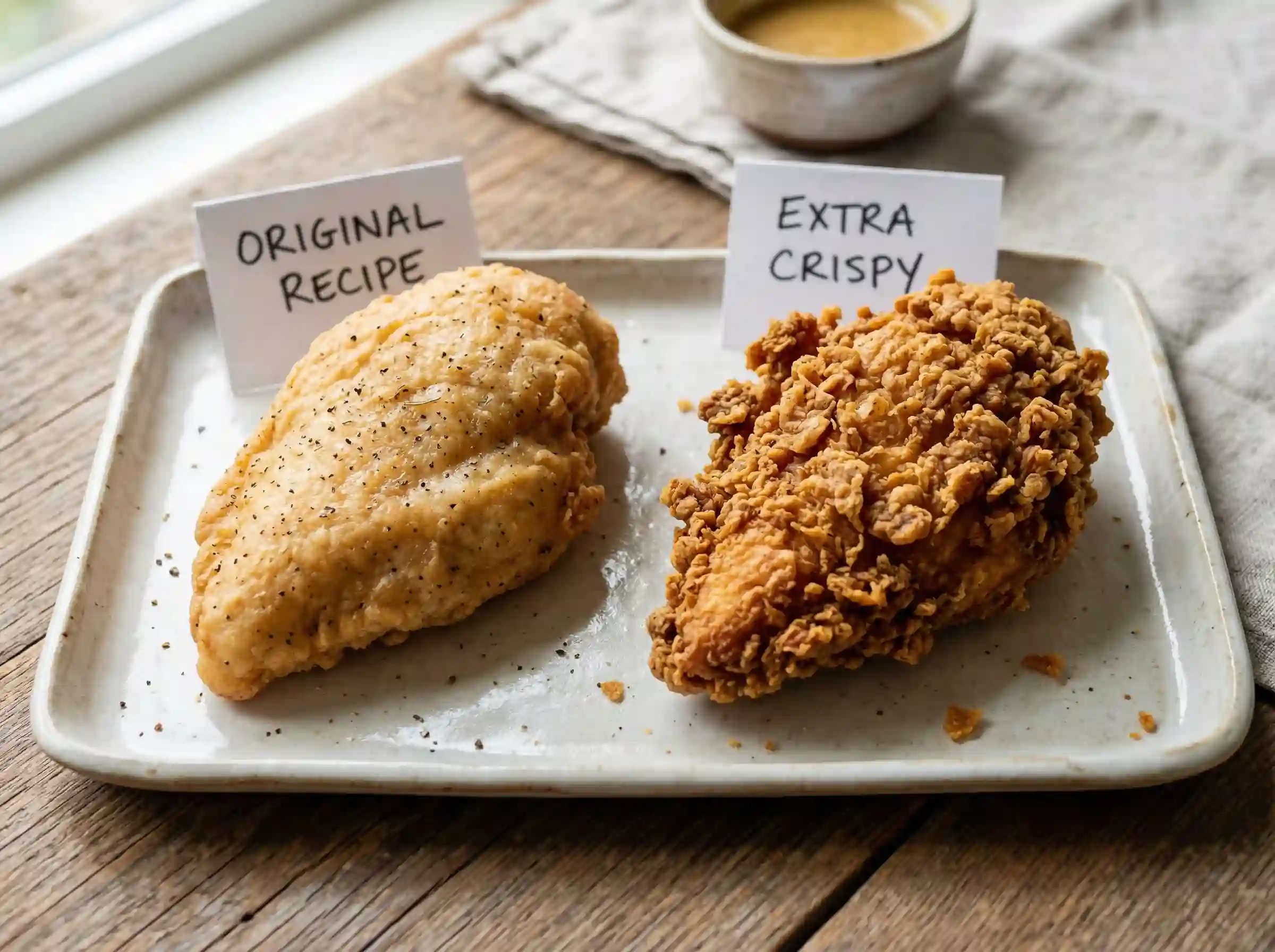 Original Recipe vs Extra Crispy KFC Chicken Breast comparison showing calories and fat difference