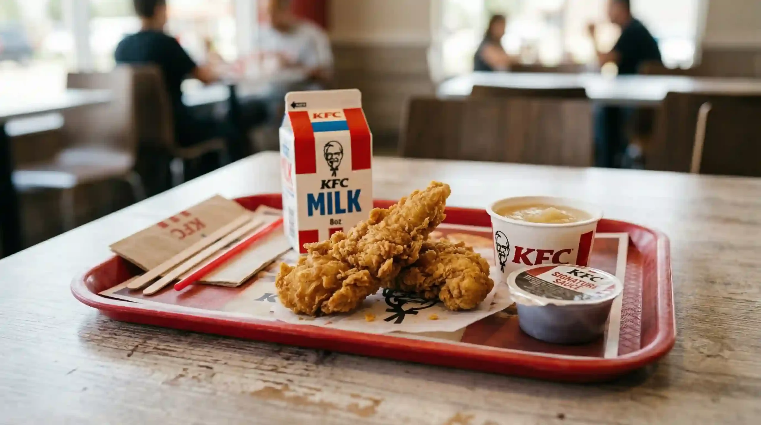 KFC 2 Piece Tenders Kids Meal with chicken tenders, applesauce side, milk, and dipping sauce
