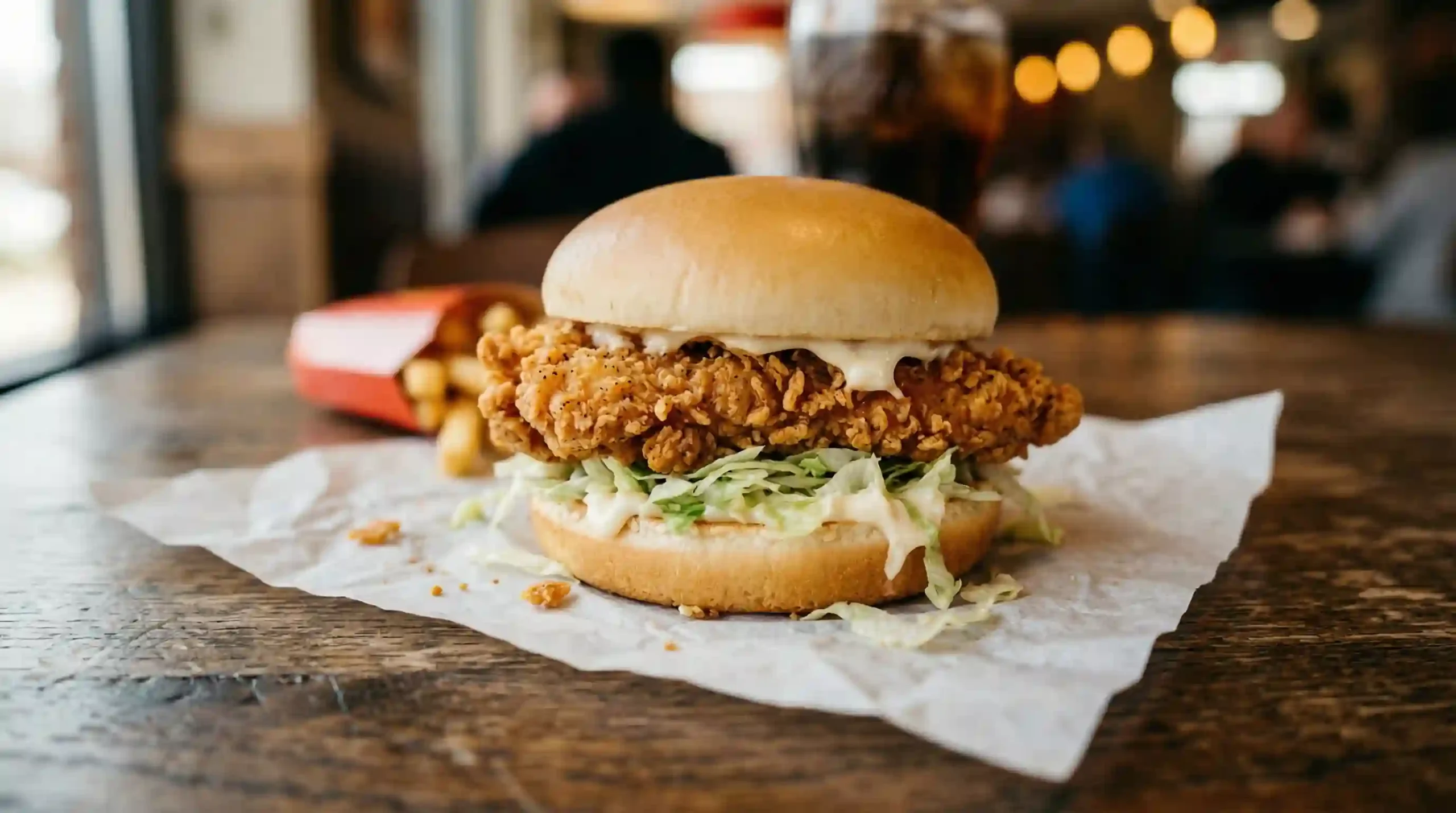 KFC Chicken Little sandwich with crispy chicken filet, bun and mayo close-up