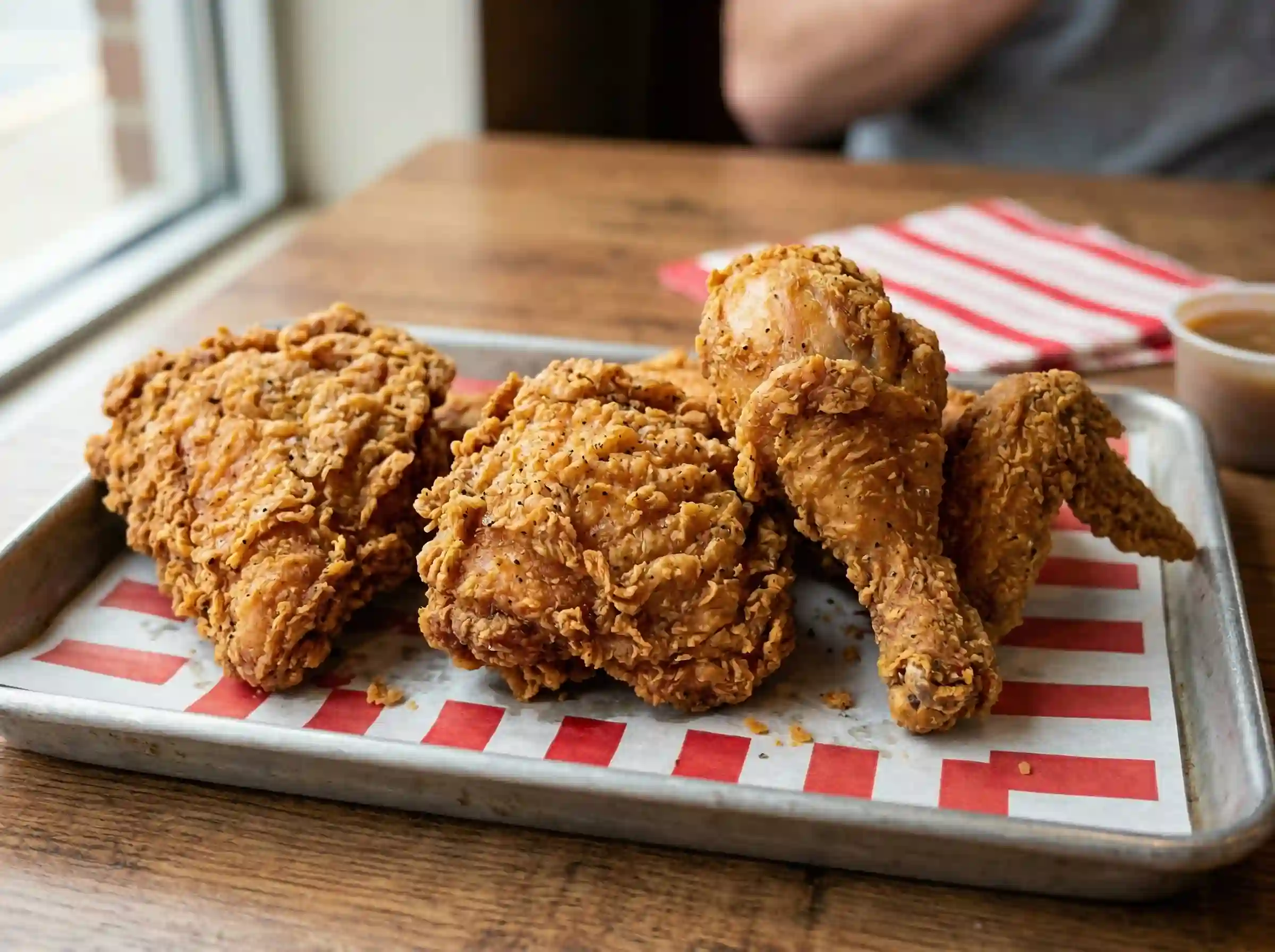 KFC fried chicken pieces breast thigh drumstick and wing close up