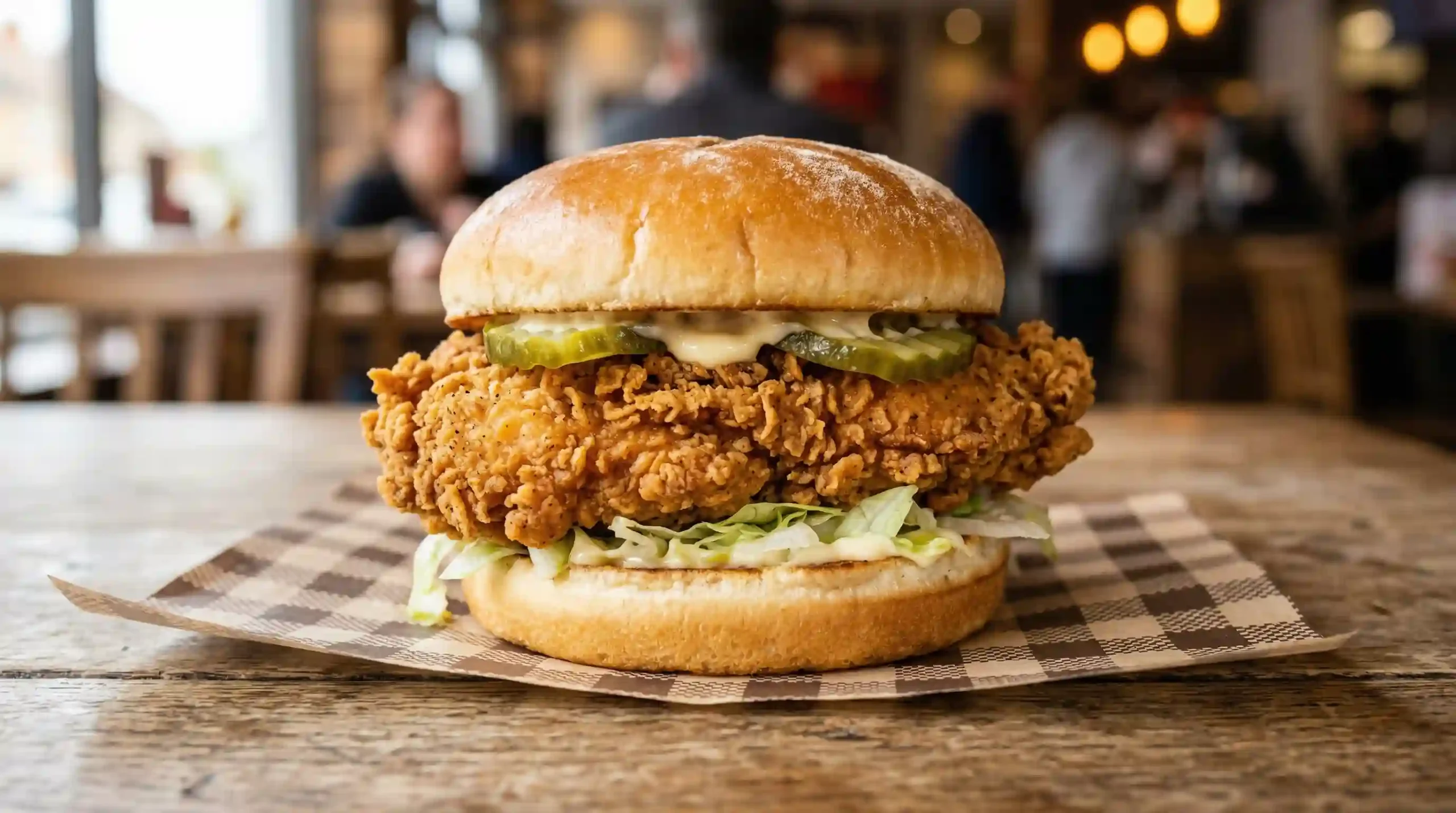 KFC Chicken Sandwich with crispy chicken breast fillet, pickles, and brioche bun close-up