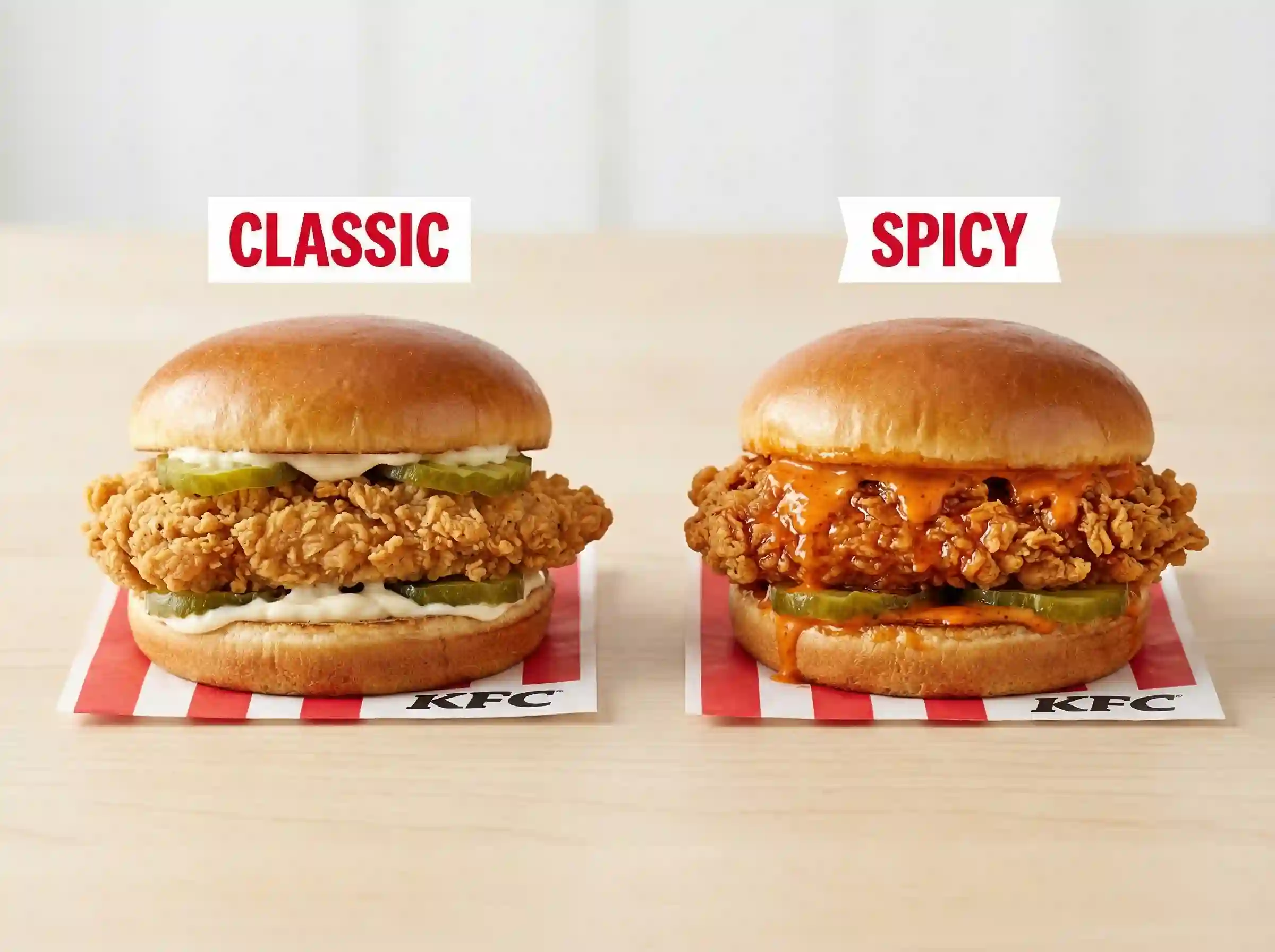 KFC Chicken Sandwich Classic vs Spicy comparison showing mayo and spicy sauce difference