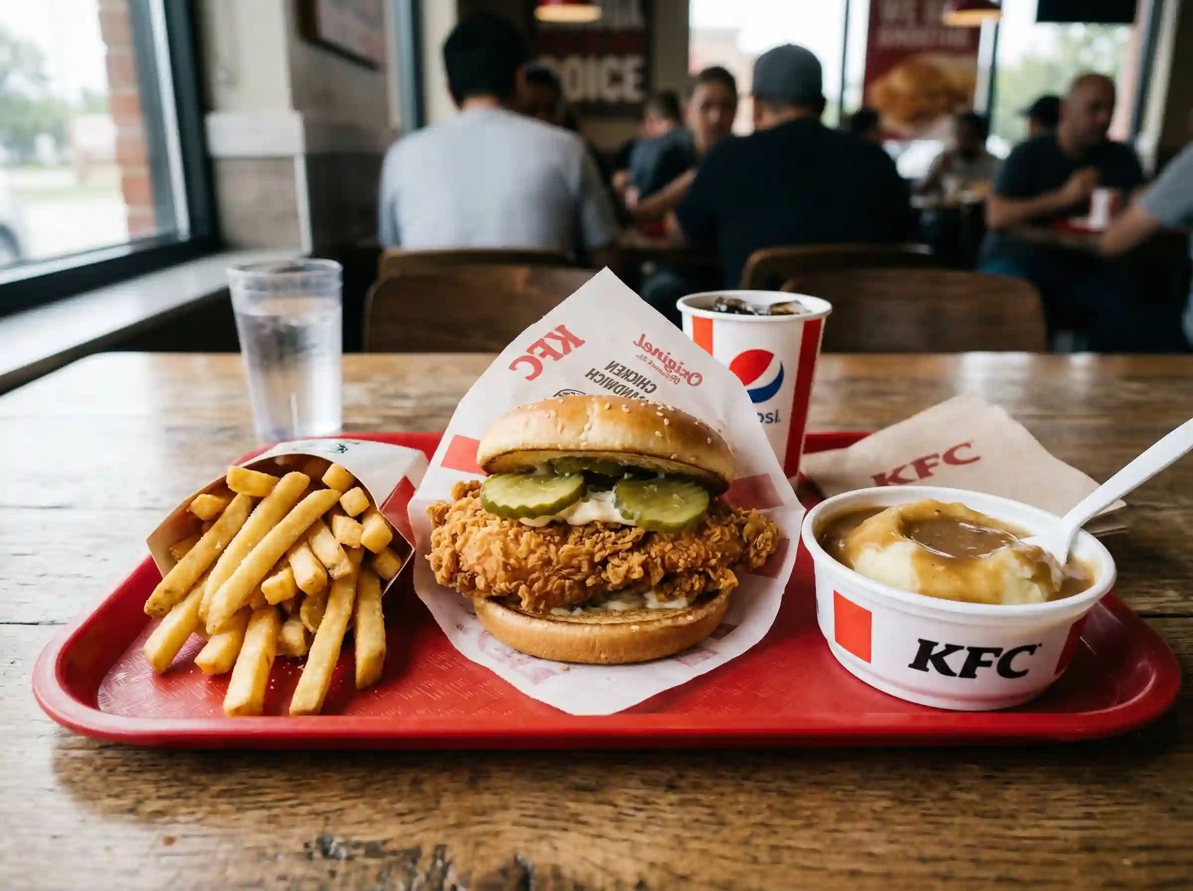 KFC Chicken Sandwich meal with fries and mashed potatoes and gravy on tray