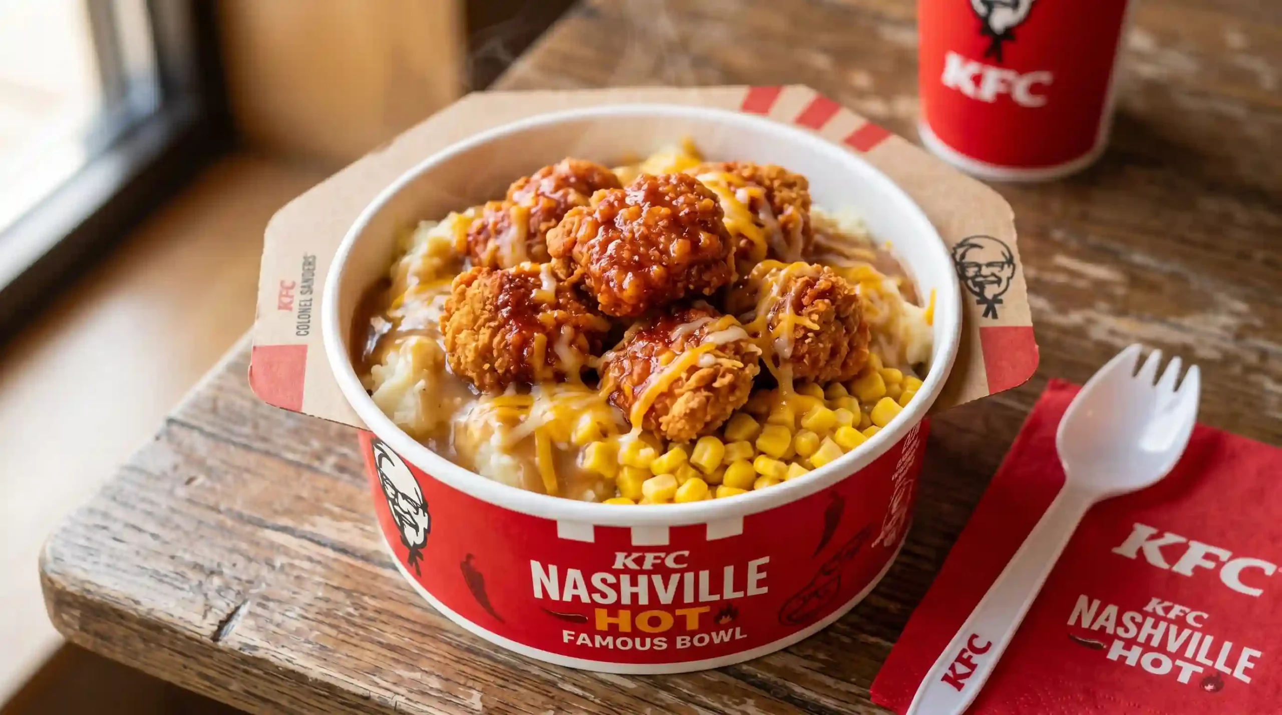 KFC Nashville Hot Famous Bowl with spicy chicken nuggets mashed potatoes corn gravy and melted cheese
