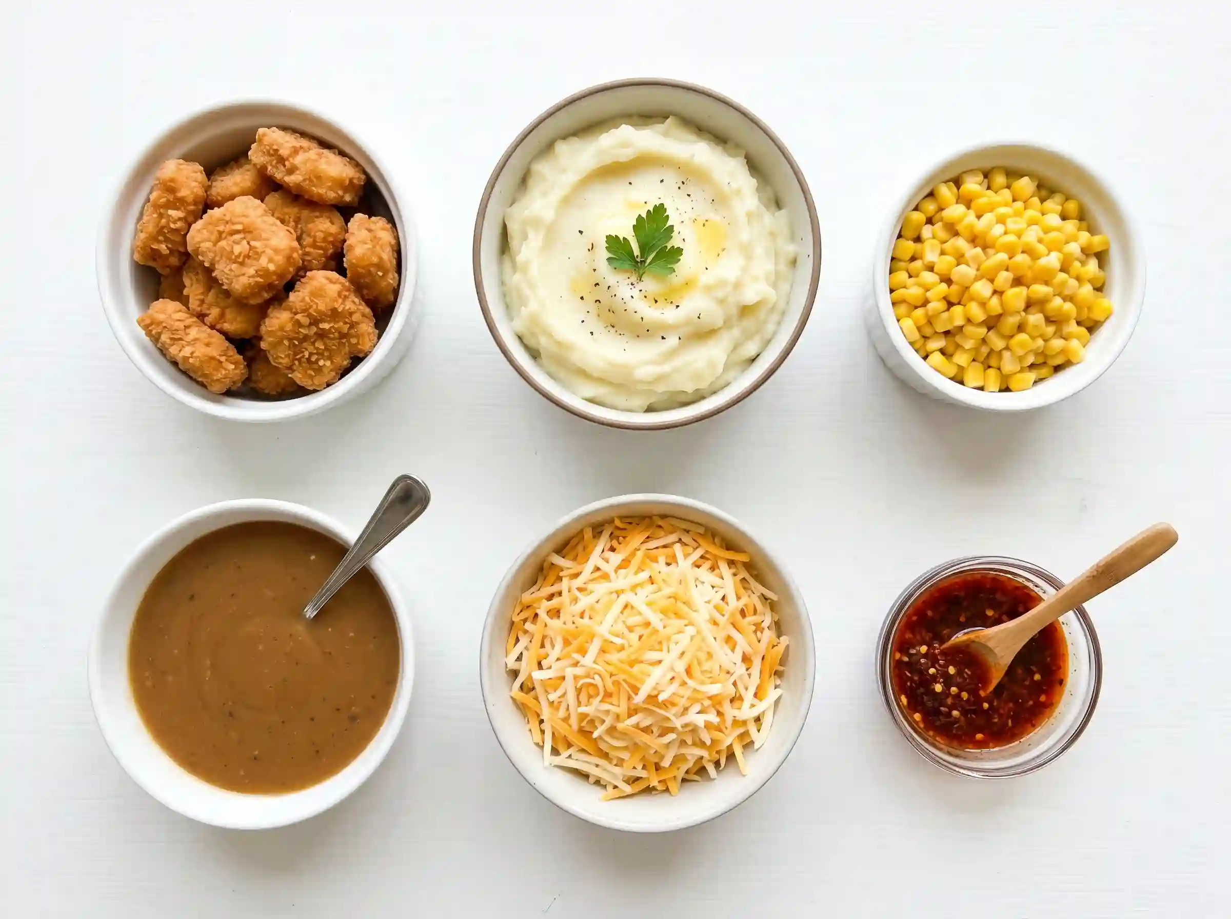 ingredients of Nashville Hot Famous Bowl chicken nuggets mashed potatoes corn gravy cheese hot sauce