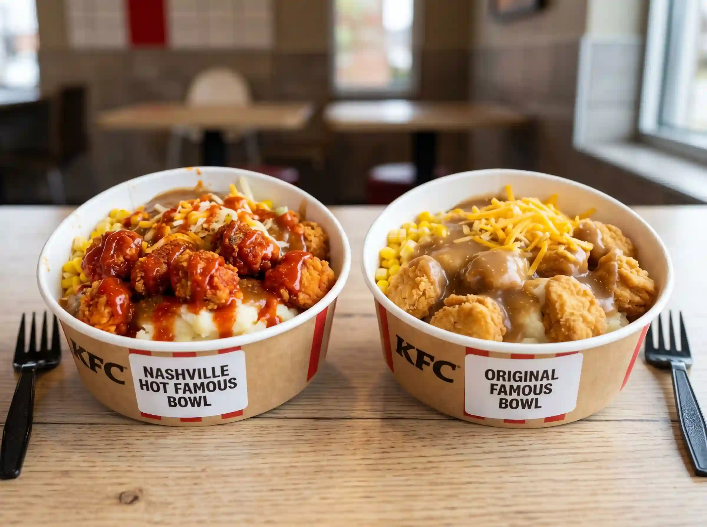 Nashville Hot Famous Bowl vs Original Famous Bowl comparison spicy vs classic KFC bowl