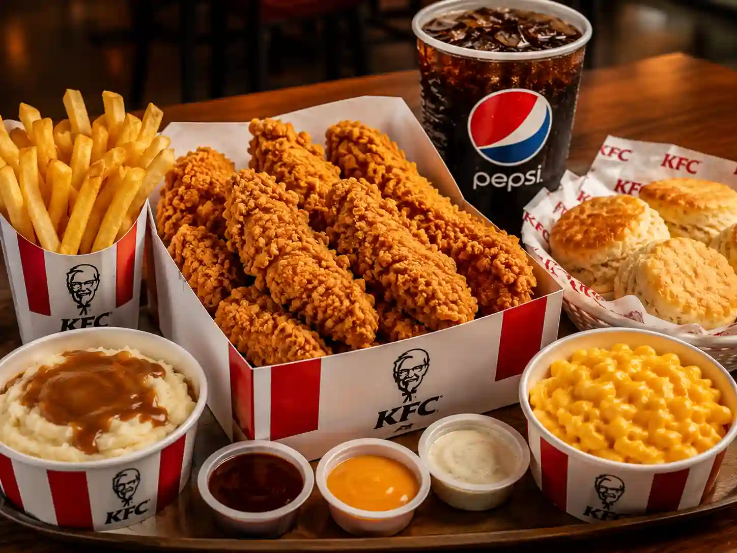 KFC tenders meal served with mac and cheese, fries, biscuits, sauces, and Pepsi drink
