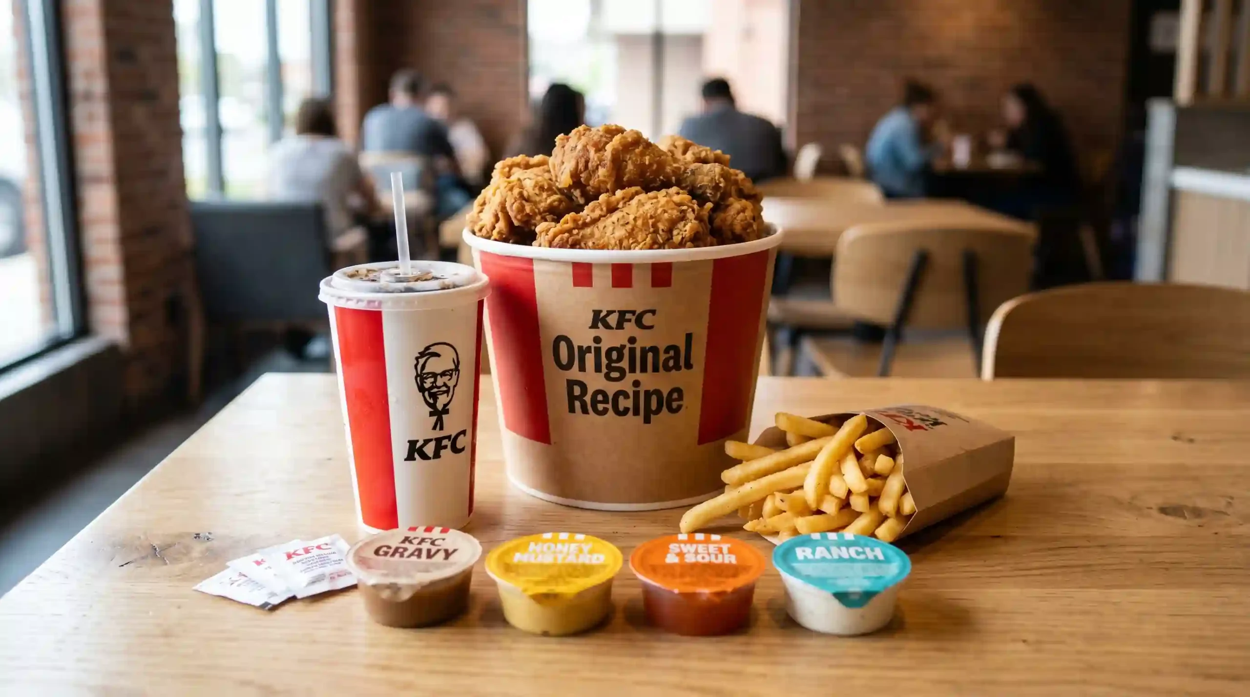 Kentucky Fried Chicken menu bucket meal with fries and drink”