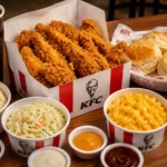 KFC 8 pc. Tenders Meal with crispy chicken tenders, biscuits, fries, sauces, and Pepsi drink on restaurant table
