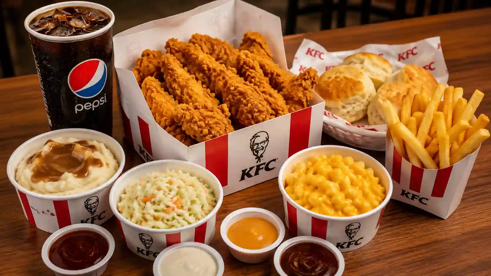 KFC 8 pc. Tenders Meal with crispy chicken tenders, biscuits, fries, sauces, and Pepsi drink on restaurant table