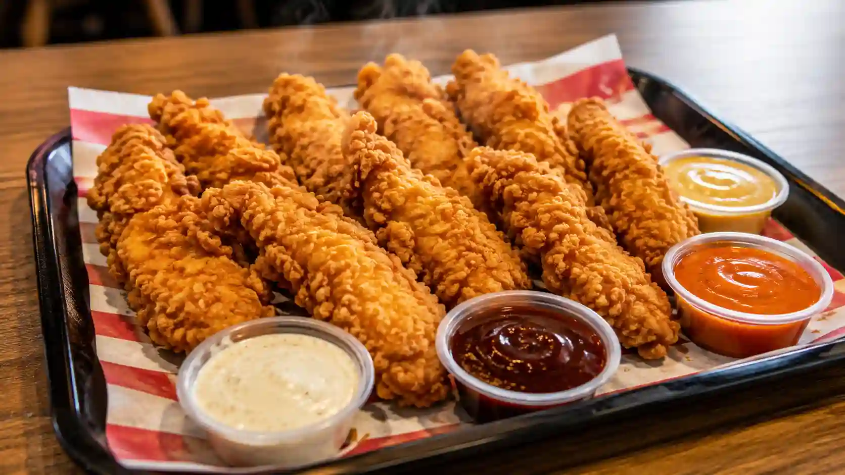 KFC 8-piece tenders only meal with dipping sauces on tray