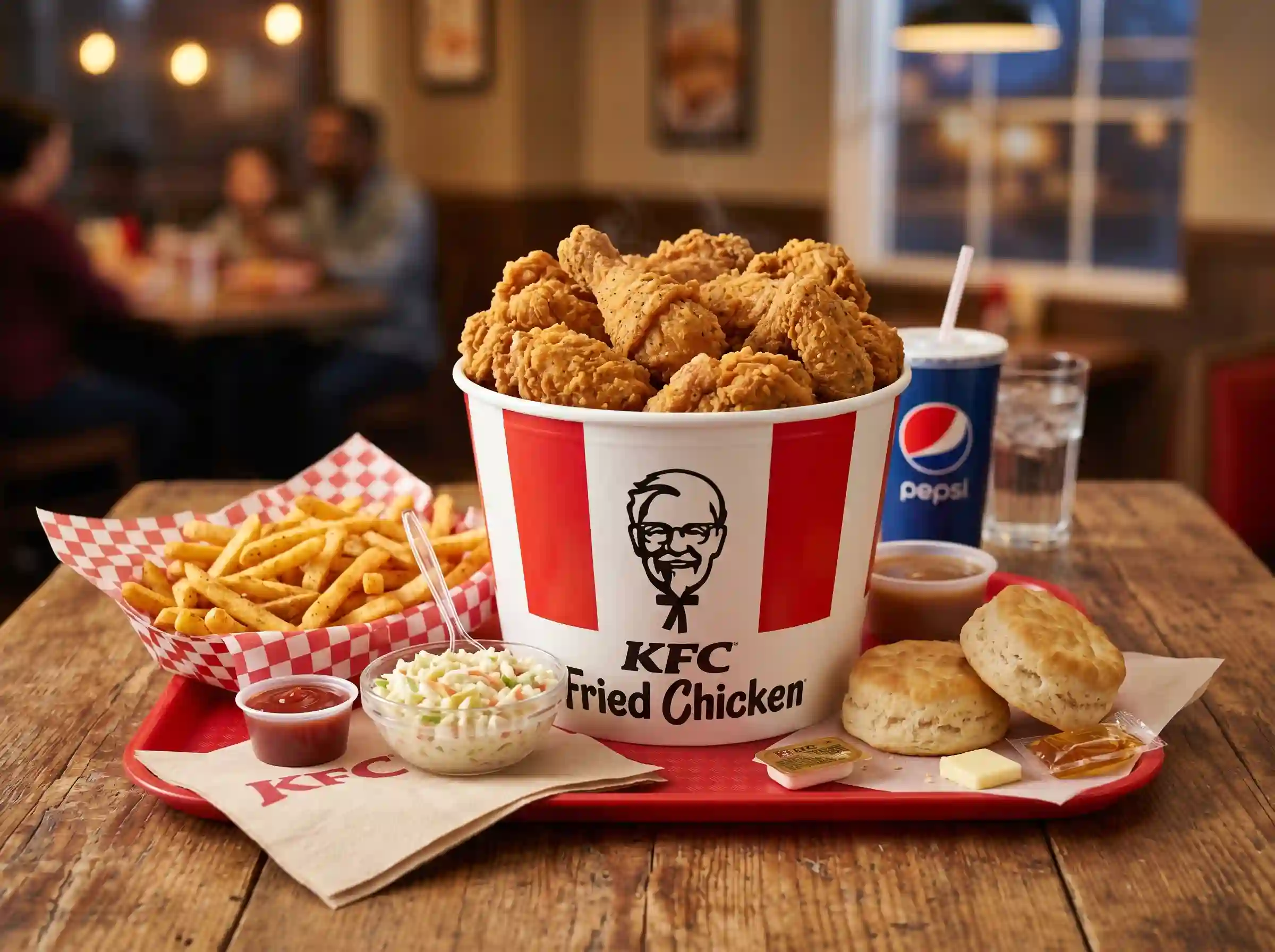 “KFC bucket meal with fried chicken pieces and sides for family”