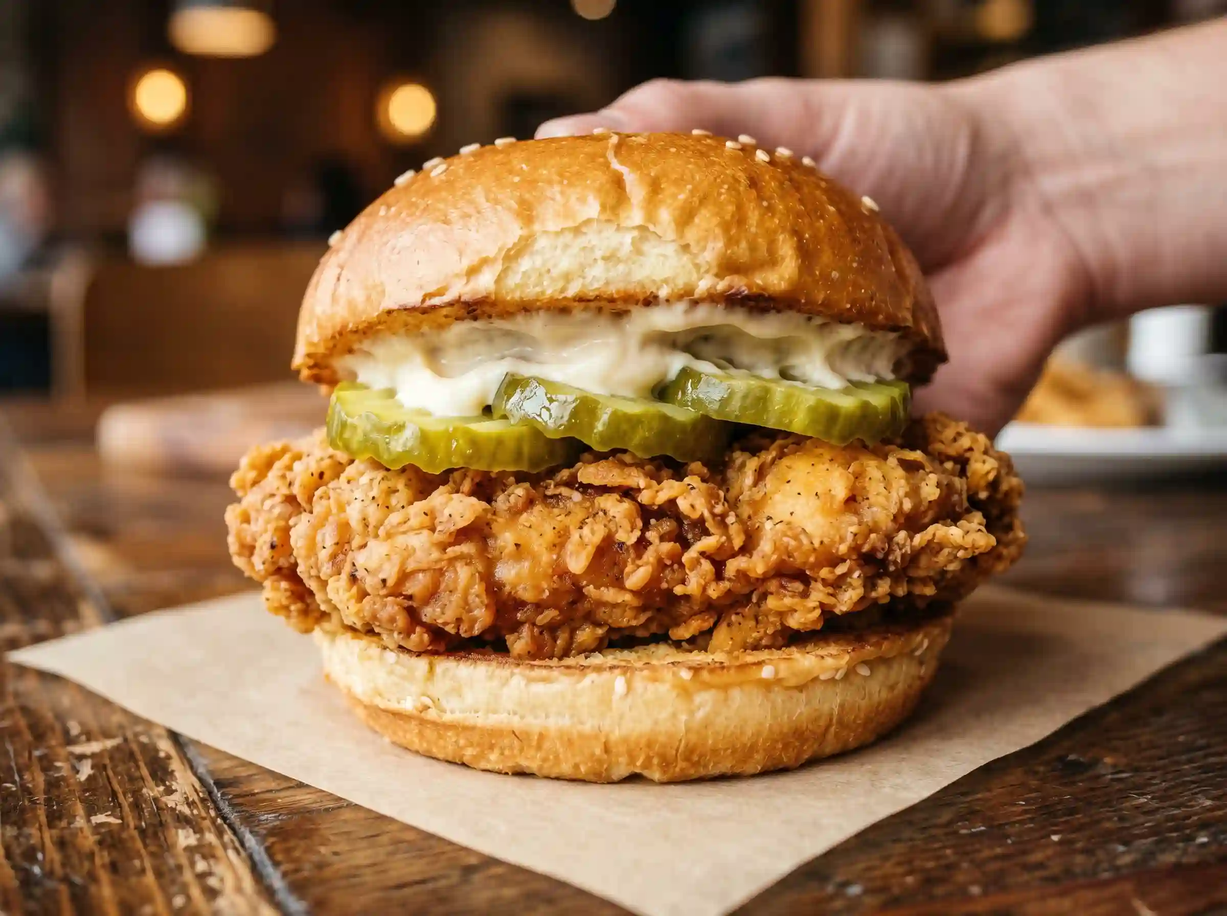 “KFC classic chicken sandwich with crispy fillet and pickles”