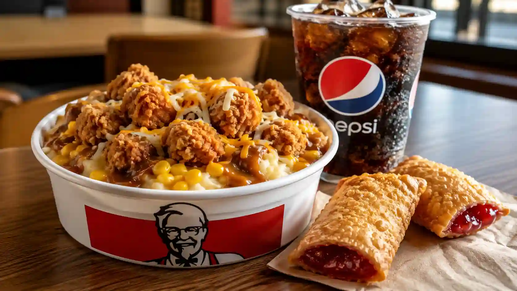 KFC Famous Bowl Fill Up meal with Famous Bowl, strawberry pie poppers, and medium Pepsi drink