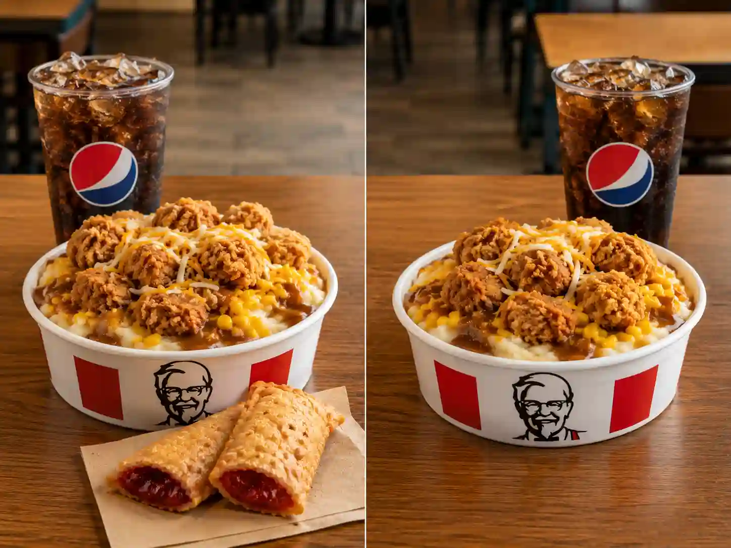 Comparison of KFC Famous Bowl Fill Up and Famous Bowl Combo meals side by side