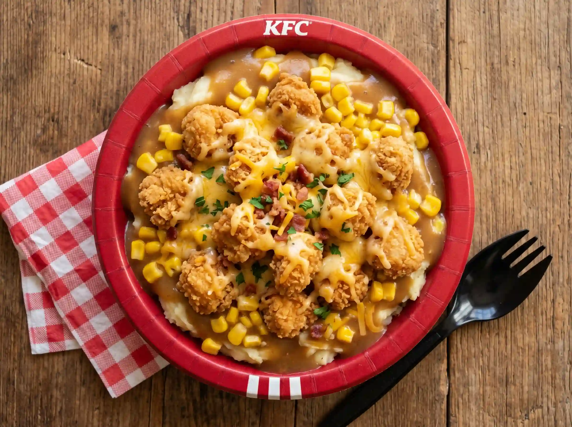 “KFC famous bowl with mashed potatoes gravy corn and chicken”