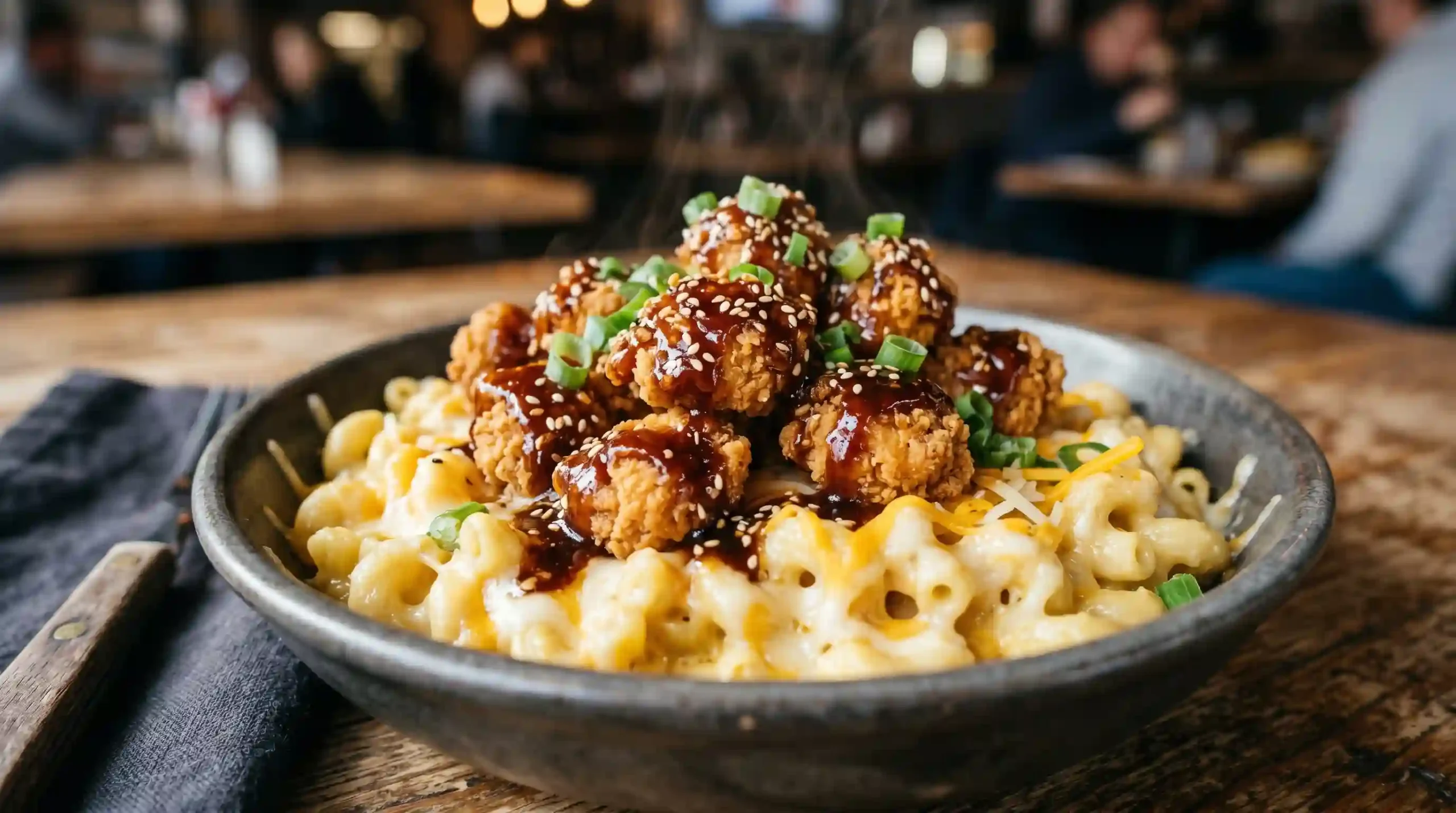 KFC Korean BBQ Mac & Cheese Bowl with crispy chicken and smoky Korean BBQ sauce