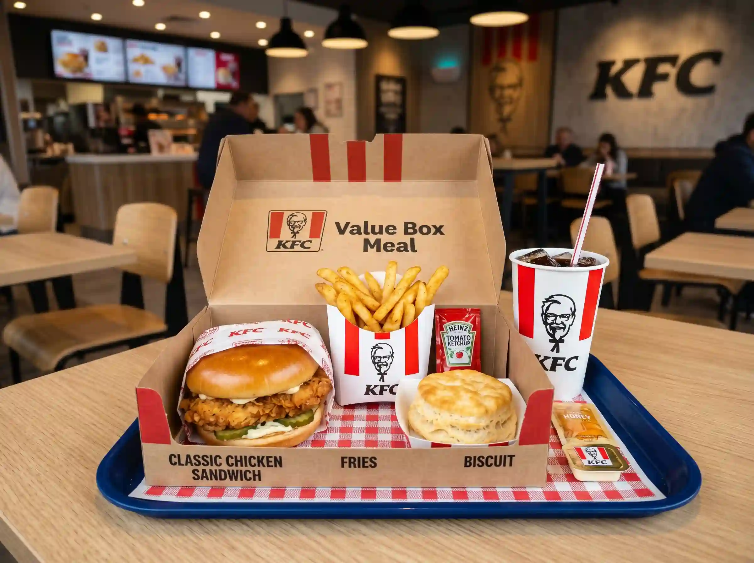 “KFC value box meal with sandwich fries drink and biscuit”
