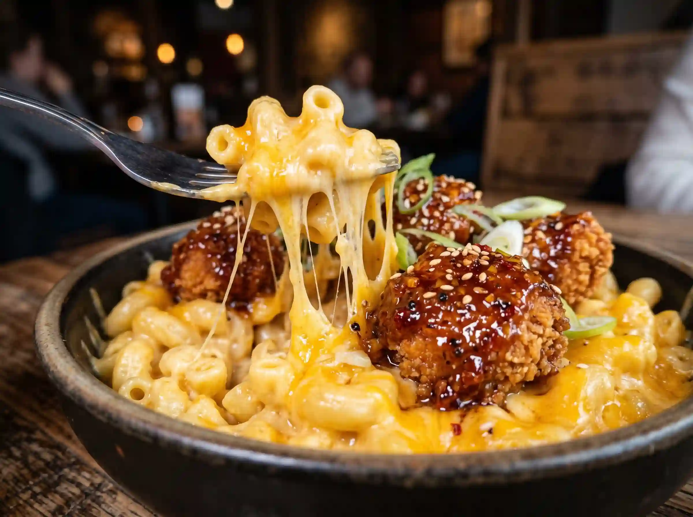 Close-up of Korean BBQ mac and cheese bowl ingredients with crispy chicken and cheese sauce